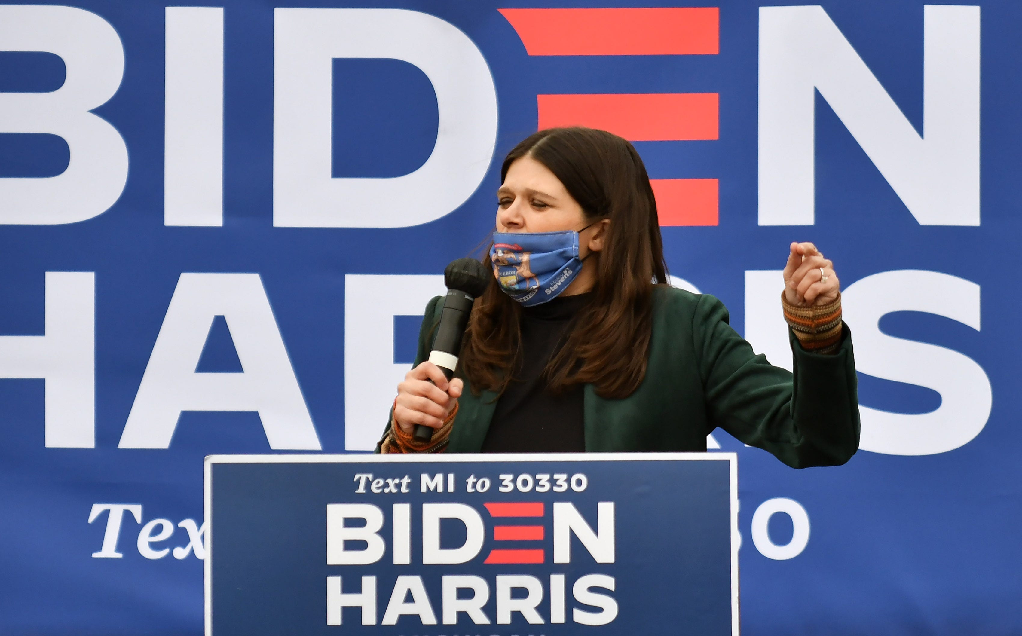 U.S. Rep. Haley Stevens speaks at the Canvass Kickoff event at the Troy Community Center in Troy, Mich. in Detroit on Oct. 25, 2020.