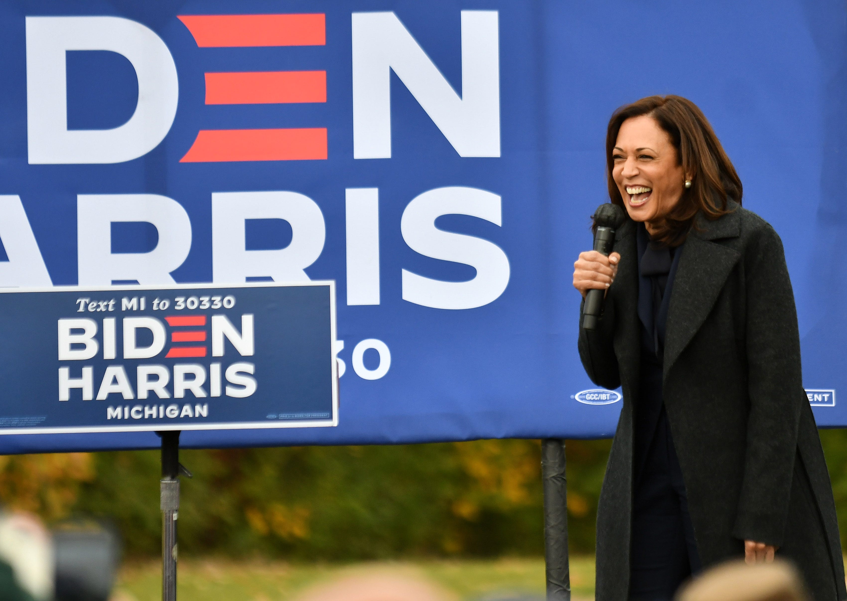 Democratic vice presidential candidate Sen. Kamala Harris greets the crowd at the Canvass Kickoff event at the Troy Community Center in Troy, Mich. in Detroit on Oct. 25, 2020.
