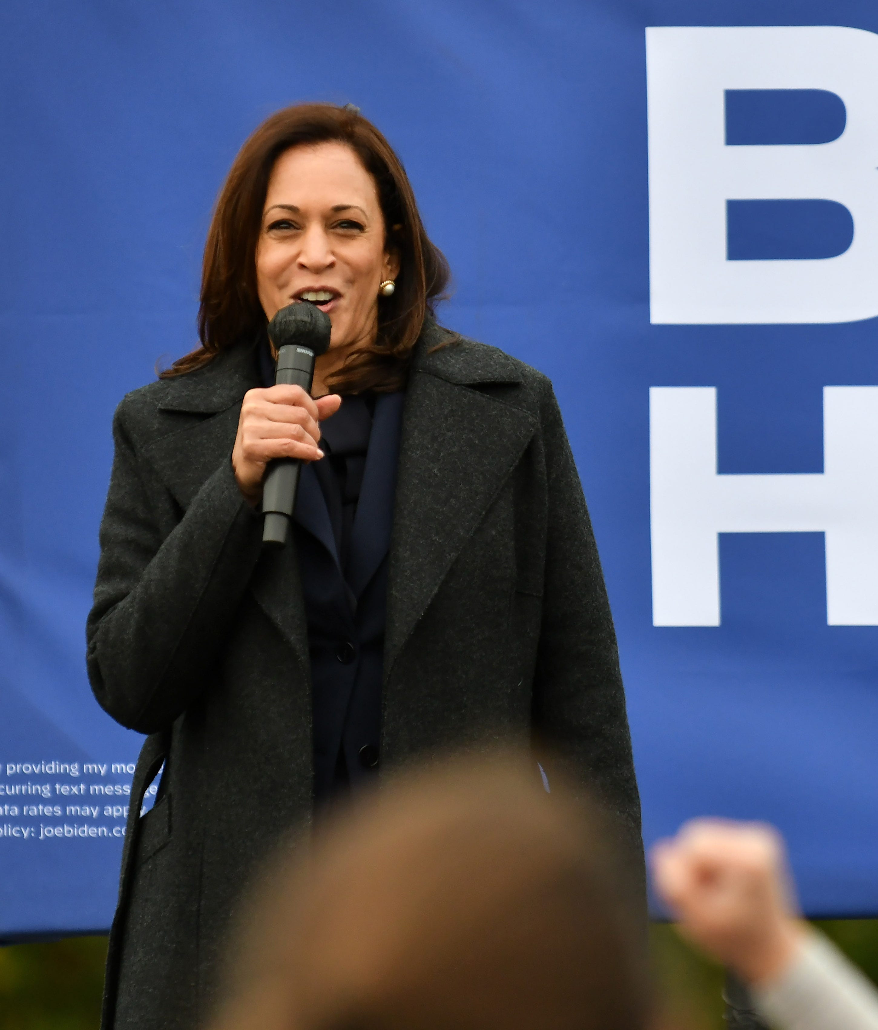 People cheer as Democratic vice presidential candidate Sen. Kamala Harris speaks at the Canvass Kickoff event at the Troy Community Center in Troy, Mich. in Detroit on Oct. 25, 2020.