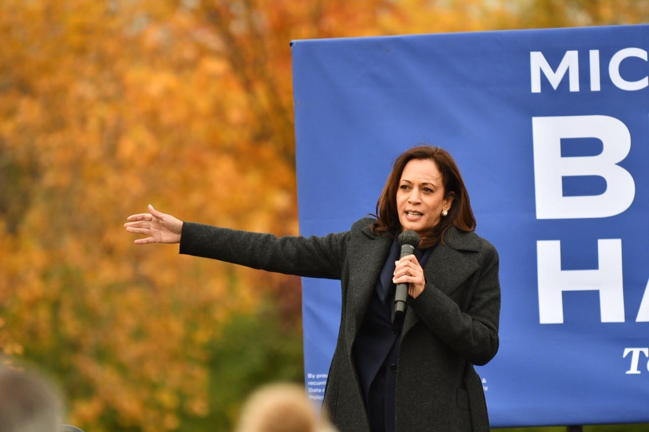 Democratic vice presidential candidate Sen. Kamala Harris makes a campaign appearance at a canvas kickoff event at the Troy Community Center in Troy, Mich. on Oct. 25, 2020.