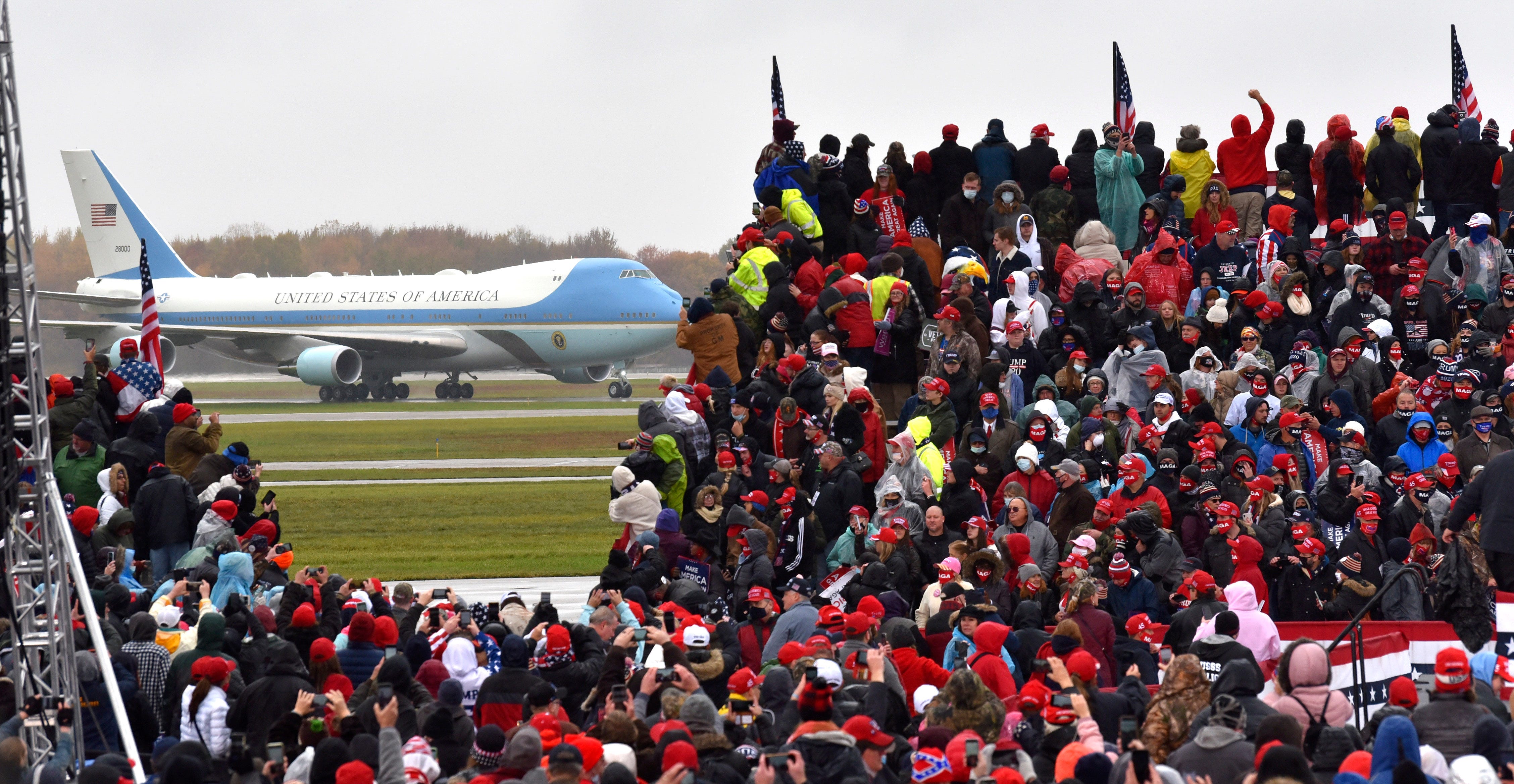 Air Force One arrives with the President for a Make America Great Again rally at the Capital Region International Airport in Lansing, Tuesday.
