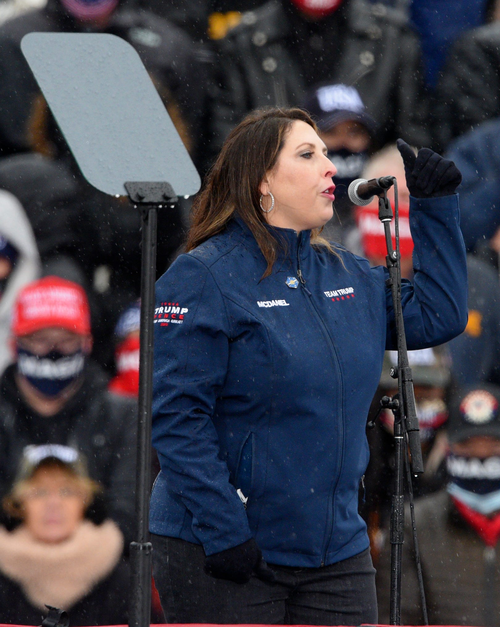 Republican National Committee Chair Ronna McDaniel fires up the crowd for Trump at the Lansing rally.