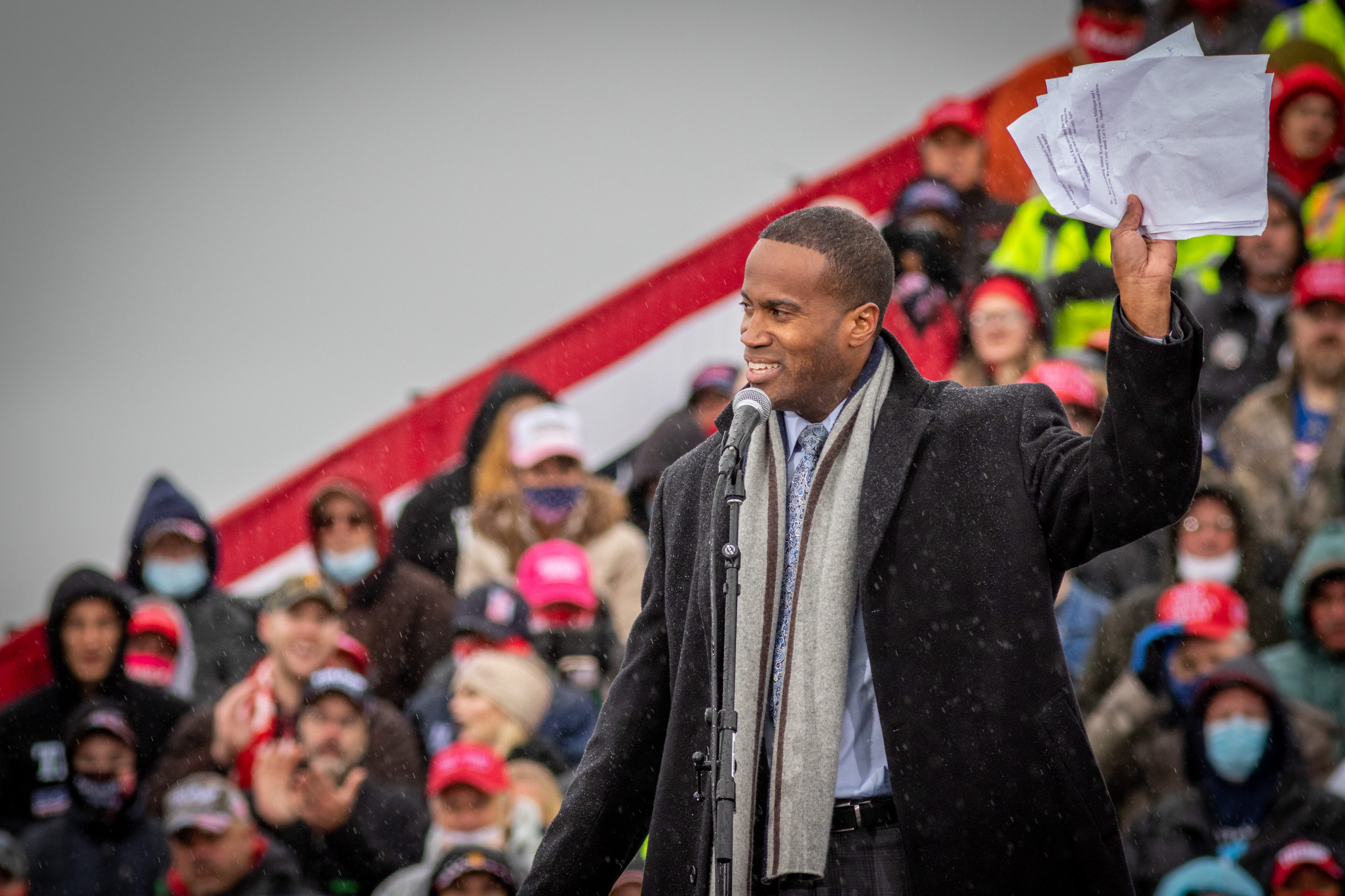 John James addresses the crowd as President Donald Trump holds a rally in Lansing on Oct. 27, 2020.