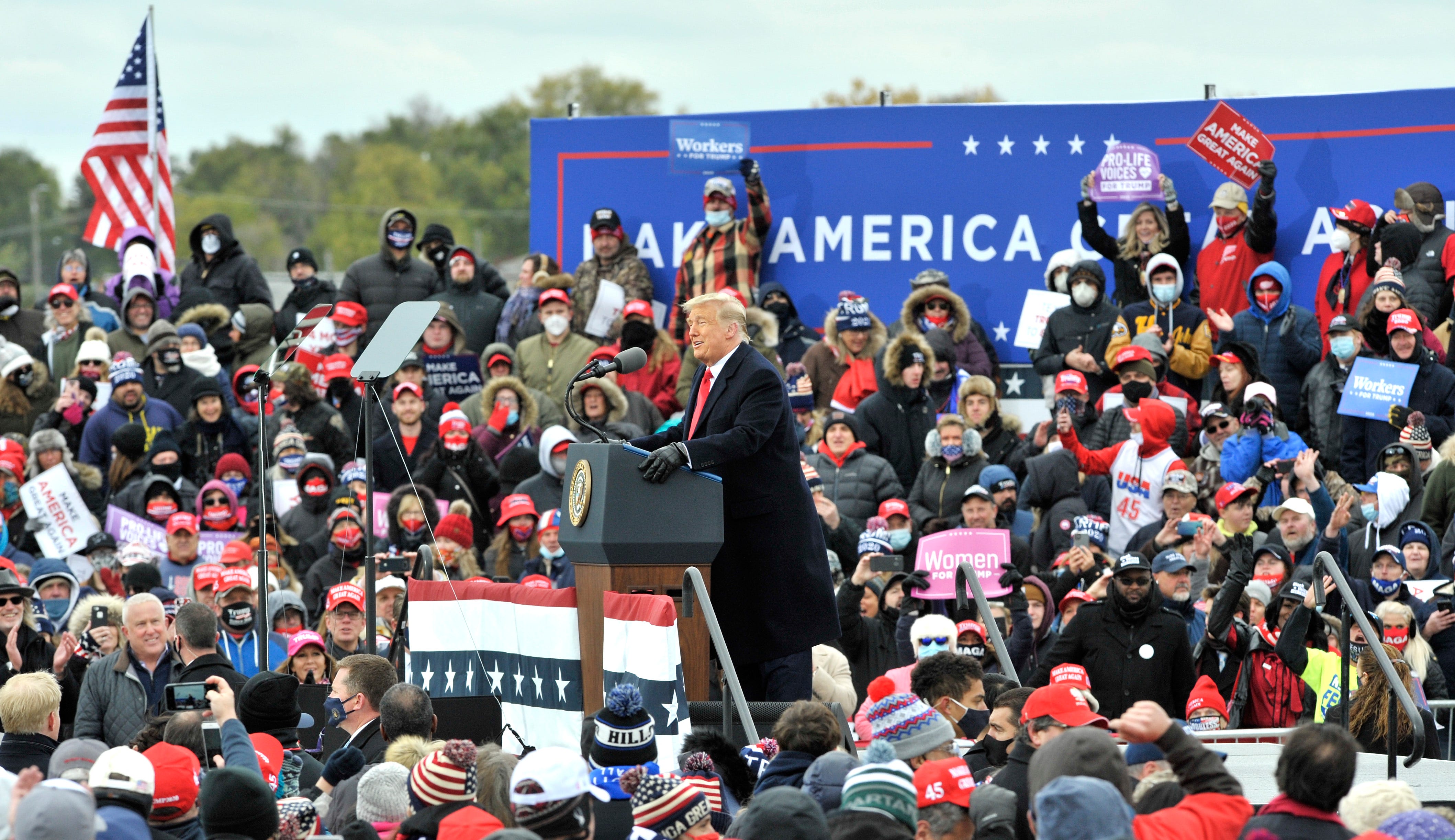 U.S. President Donald Trump addresses supporters at the Oakland International Airport in Waterford Twp., Friday, October 30, 2020, for his Make America Great Again Victory Rally.