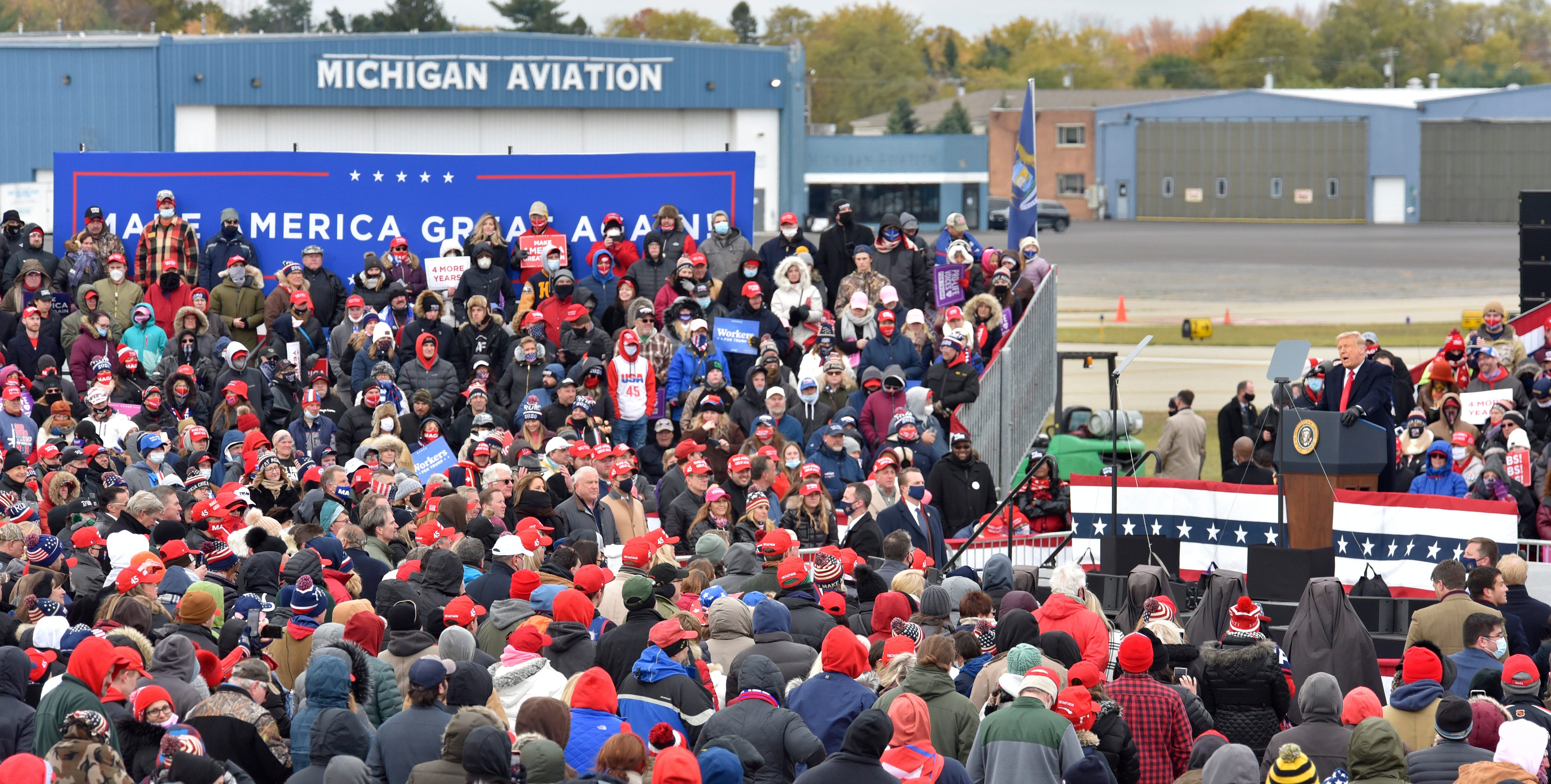President Donald Trump addresses supporters at the Oakland International Airport in Waterford Twp., Friday, October 30, 2020, for his Make America Great Again Victory Rally.