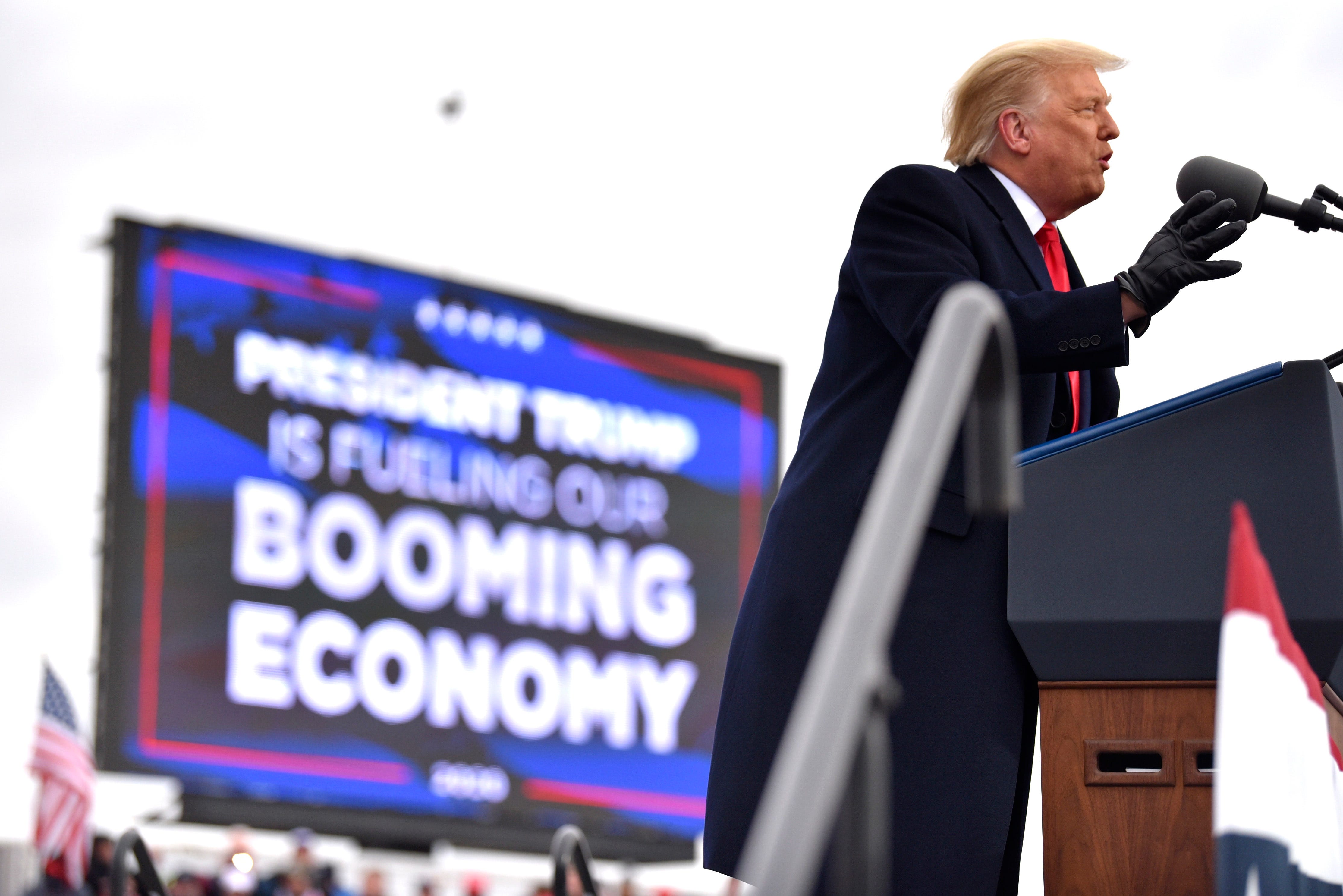 President Donald Trump addresses supporters at the Oakland International Airport in Waterford Twp., Friday, October 30, 2020, for his Make America Great Again Victory Rally.