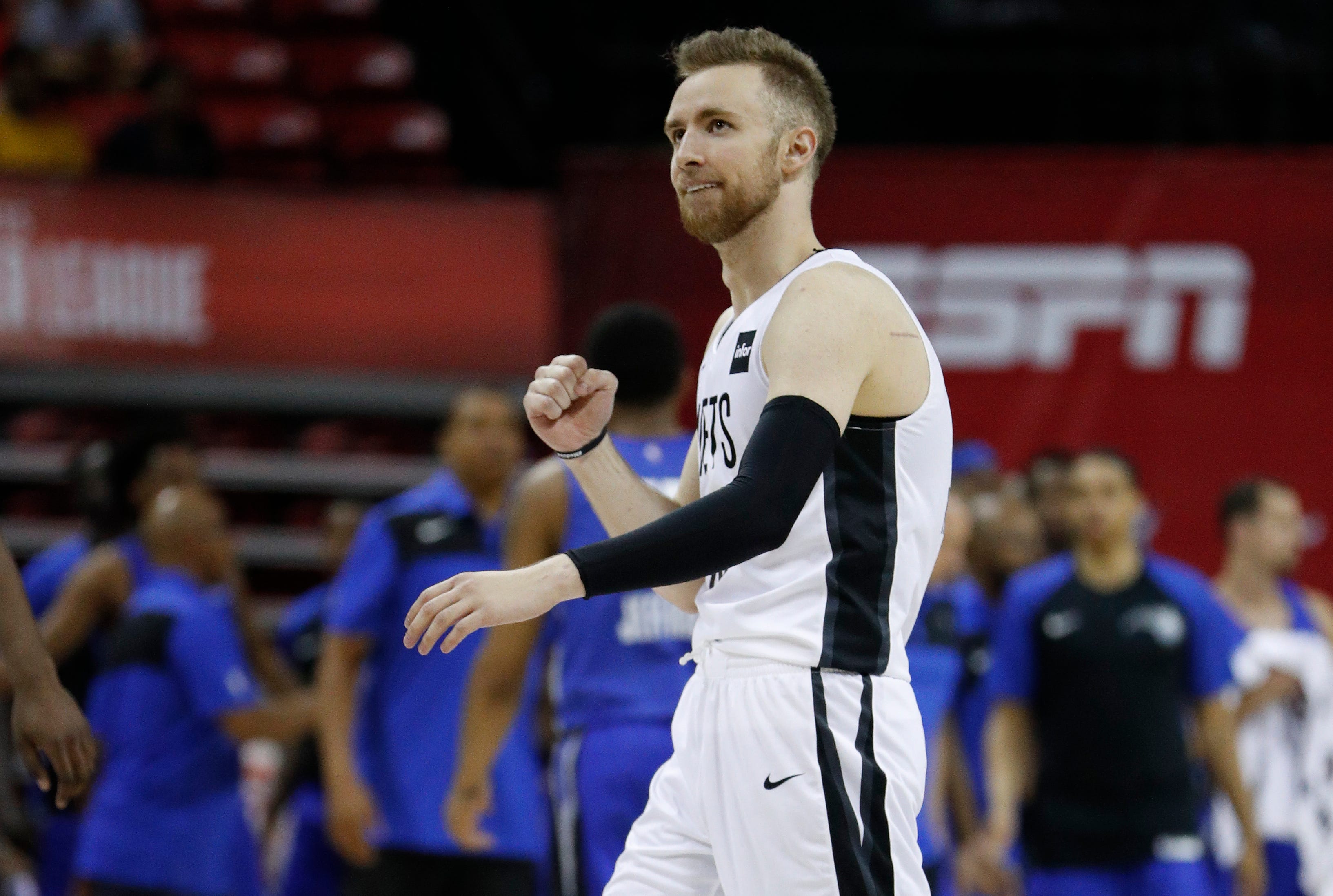 Brooklyn Nets' Dzanan Musa reacts after a play against the Orlando Magic during the second half of an NBA summer league basketball game Wednesday, July 10, 2019, in Las Vegas.