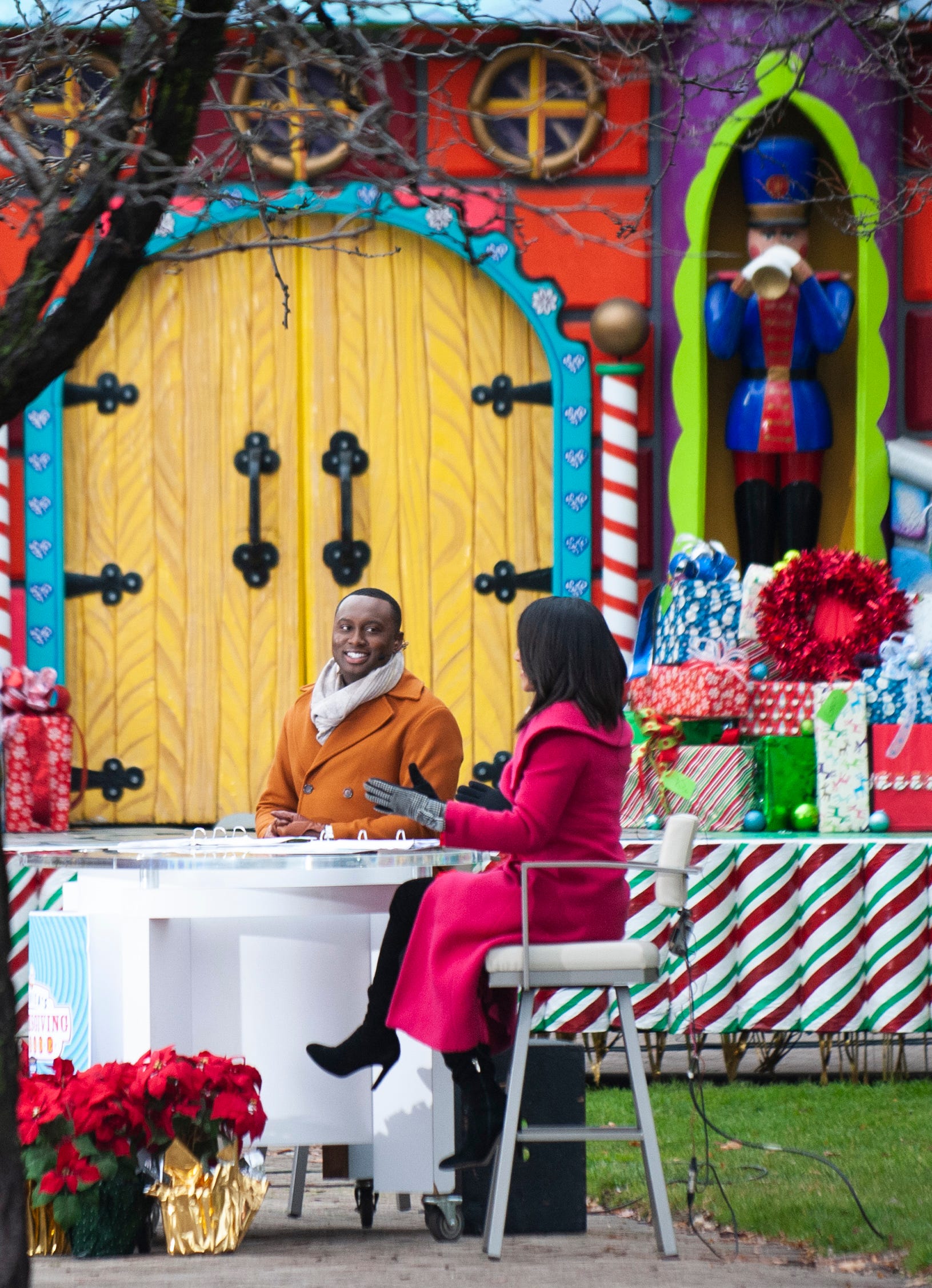 Outside WDIV Local 4 studio in downtown Detroit, television personalities Evrod Cassimy and Rhonda Walker host the mostly-pre-recorded America’s Thanksgiving Parade show. Due to the coronavirus pandemic, this year's parade was reimagined as a televised-only special broadcast on Thanksgiving Day, Thursday, November 24, 2020.