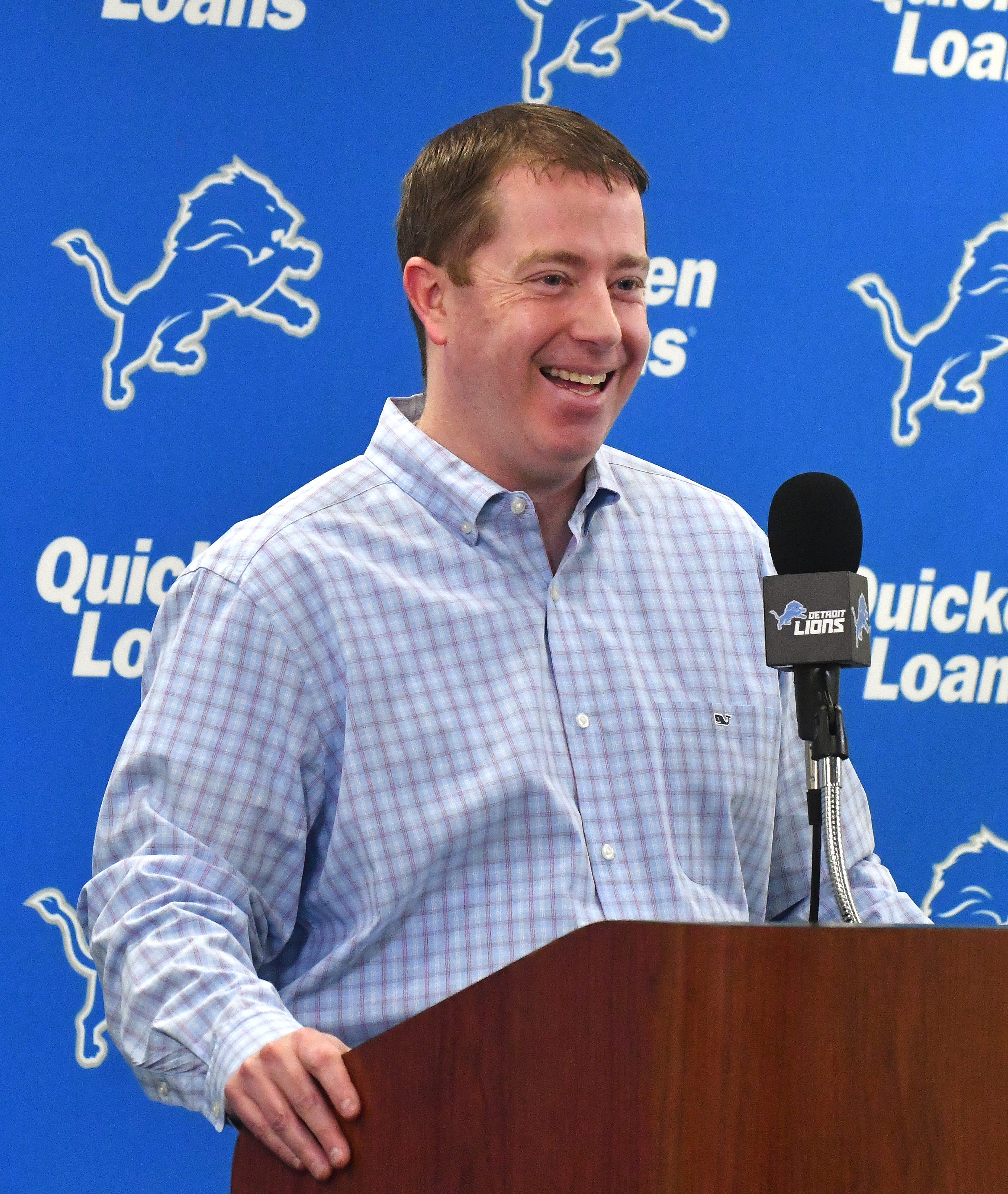 Detroit Lions general manager Bob Quinn speaks on the upcoming draft at training facility in Allen Park, Michigan on April 19, 2018.