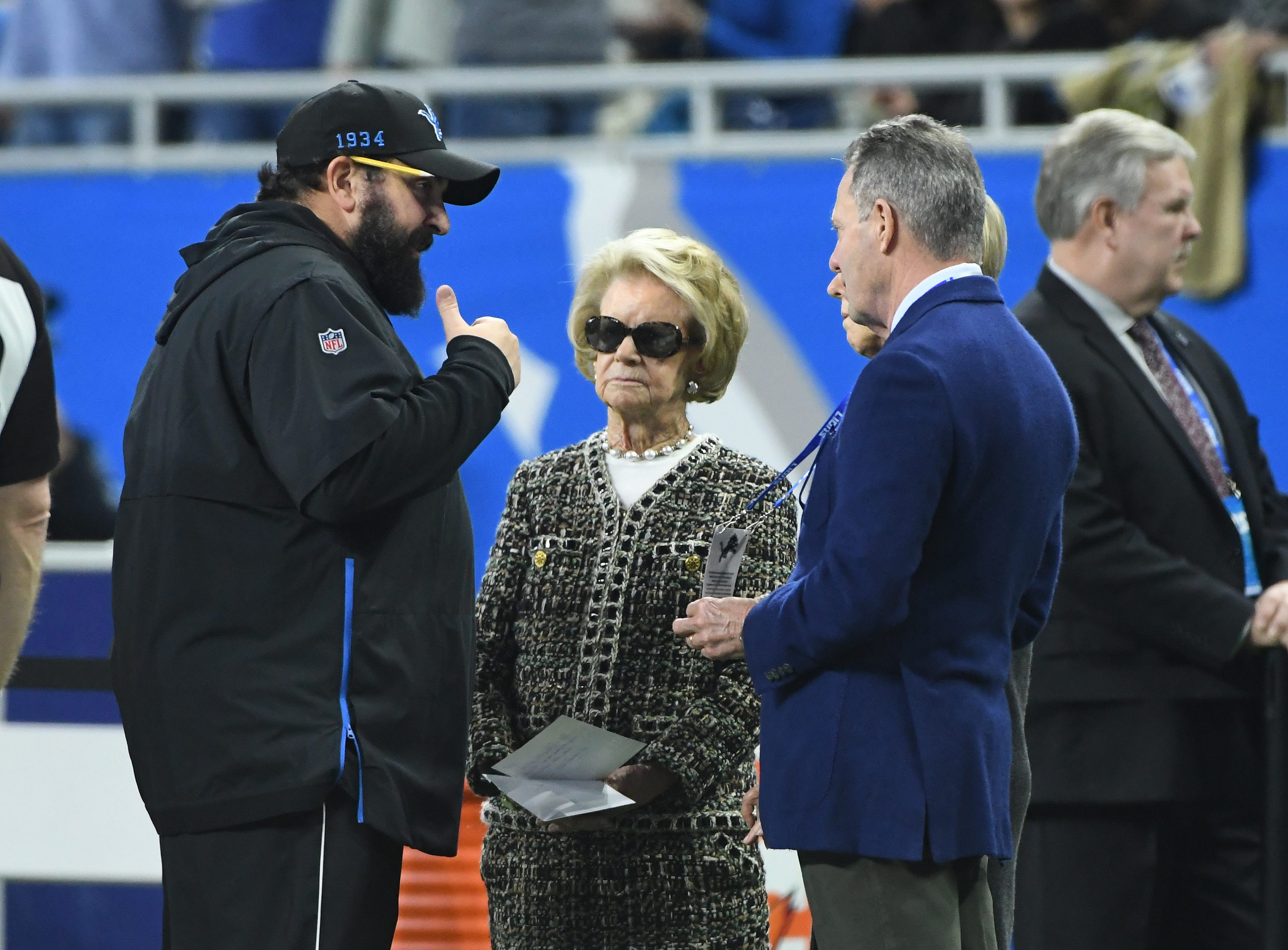 Lions head coach Matt Patricia talks with owner Martha Ford before the game against the Tampa Bay Buccaneers. NFL Detroit Lions vs. Tamp Bay Buccaneers at Ford Field in Detroit, Michigan on December 15, 2019.