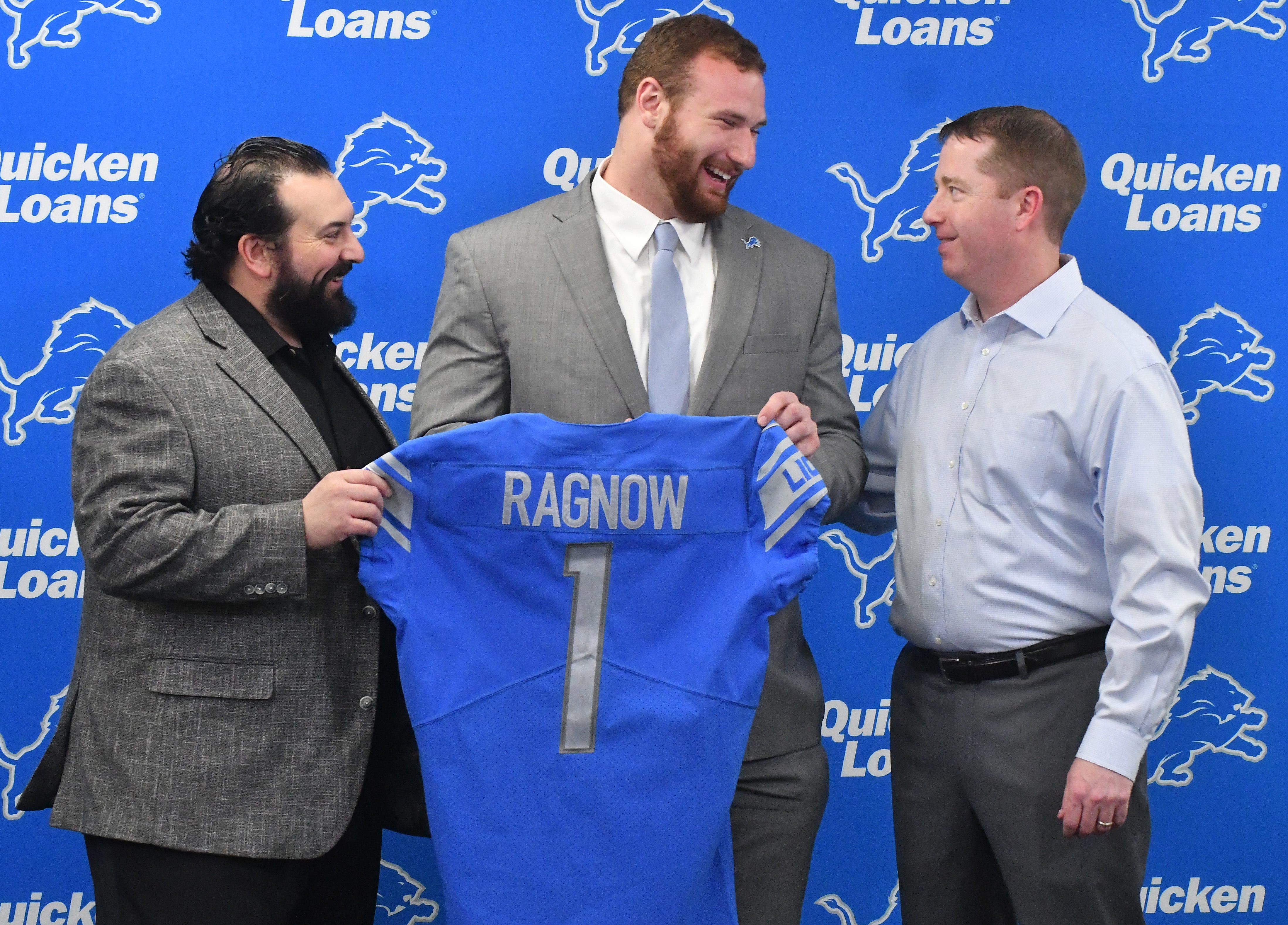 Detroit Lions 2018 first round draft pick Frank Ragnow with head coach Matt Patricia and GM Bob Quinn at training facility in Allen Park, Michigan on April 27, 2018.  (Image by Daniel Mears / The Detroit News).