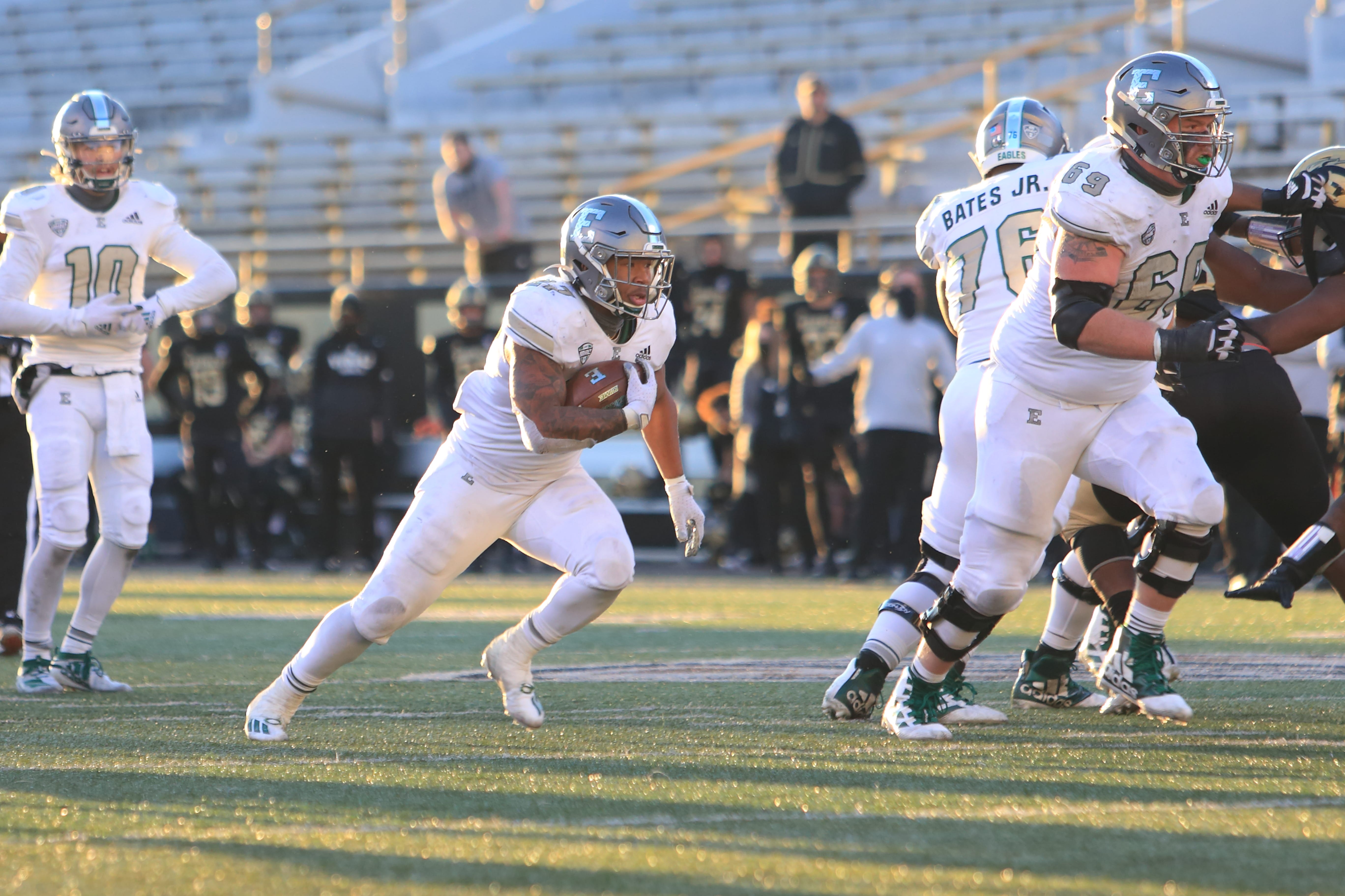 Darius Boone ran for 148 yards and a touchdown on 25 carries in Eastern Michigan's 53-42 win over Western Michigan on Saturday.