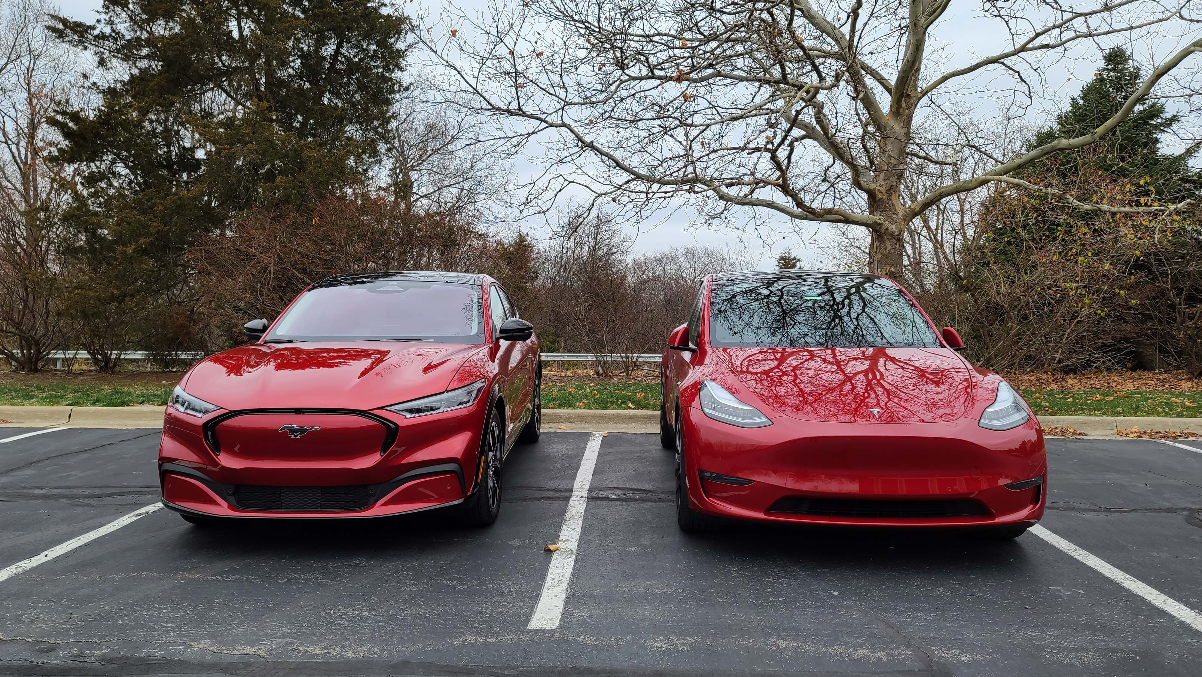 The 2021 Ford Mustang Mach-E (left) and Tesla Model Y (right) offer distinctive front ends. As EVs, neither needs a lot of grille airflow without a gas engine.