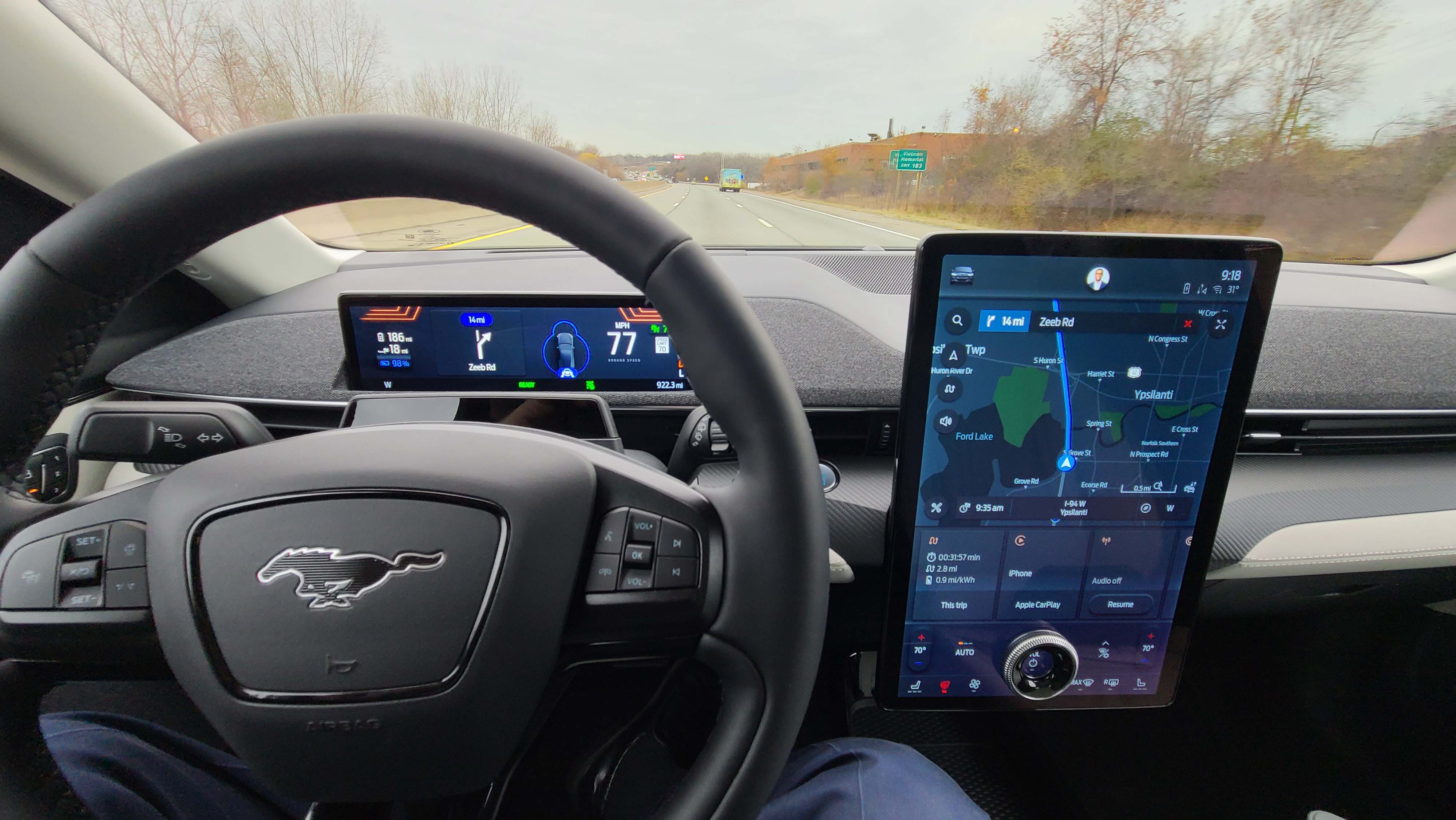 Unlike the Tesla Model Y, the 2021 Ford Mustang Mach-E maintains a small instrument display behind the steering in addition to its big, 15.5-inch console screen.