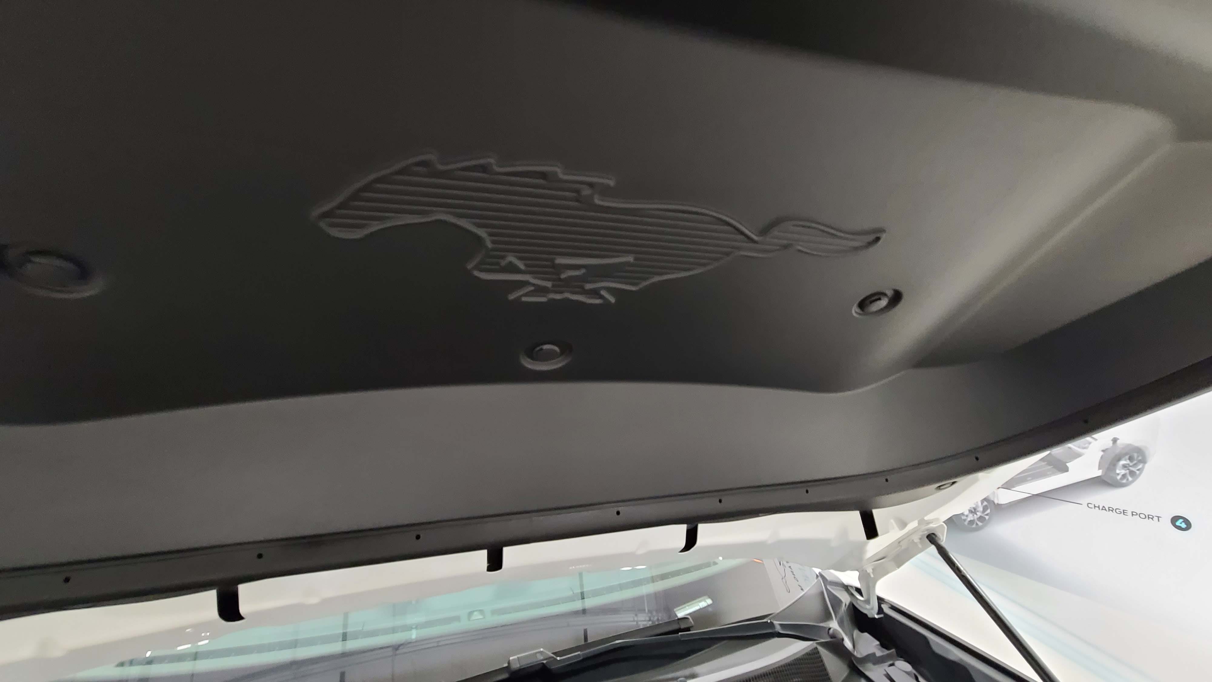 Mustang "Easter eggs" are located all over the 2021 Ford Mustang Mach-E. This one is under the front hood.