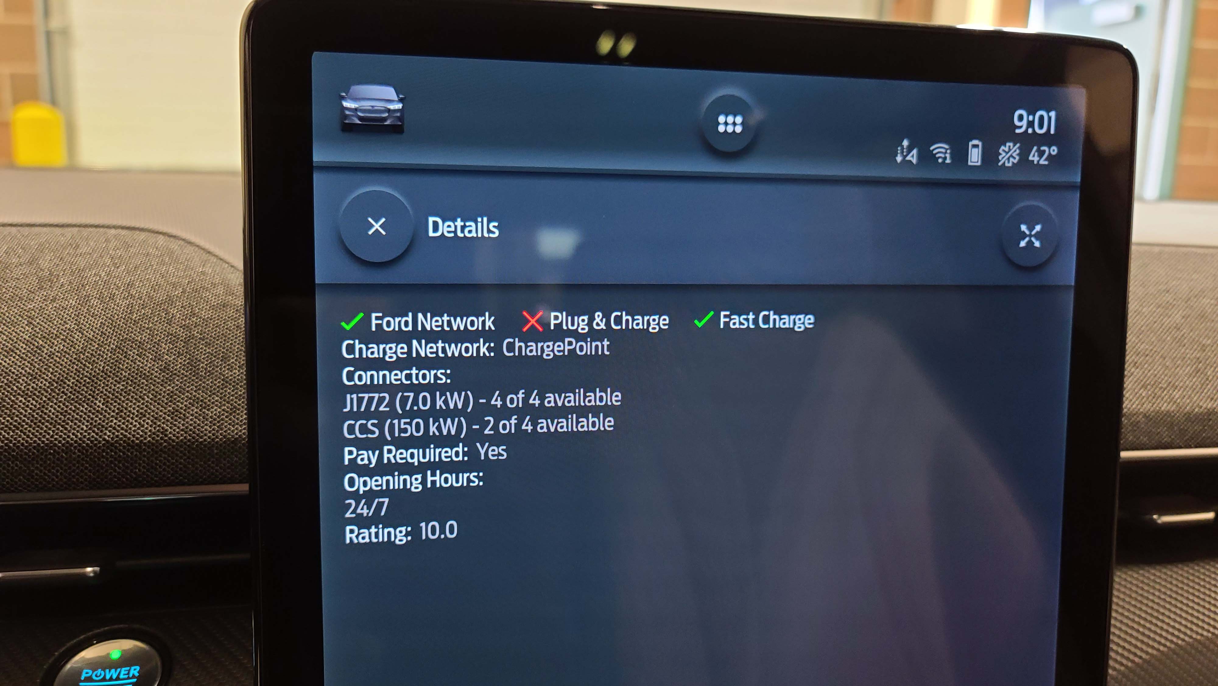 The 2021 Ford Mustang Mach-E does not have a dedicated supercharger network like Tesla. However, it will ID nearby chargers and provide information on their charge capability, fee structure, and available stalls.