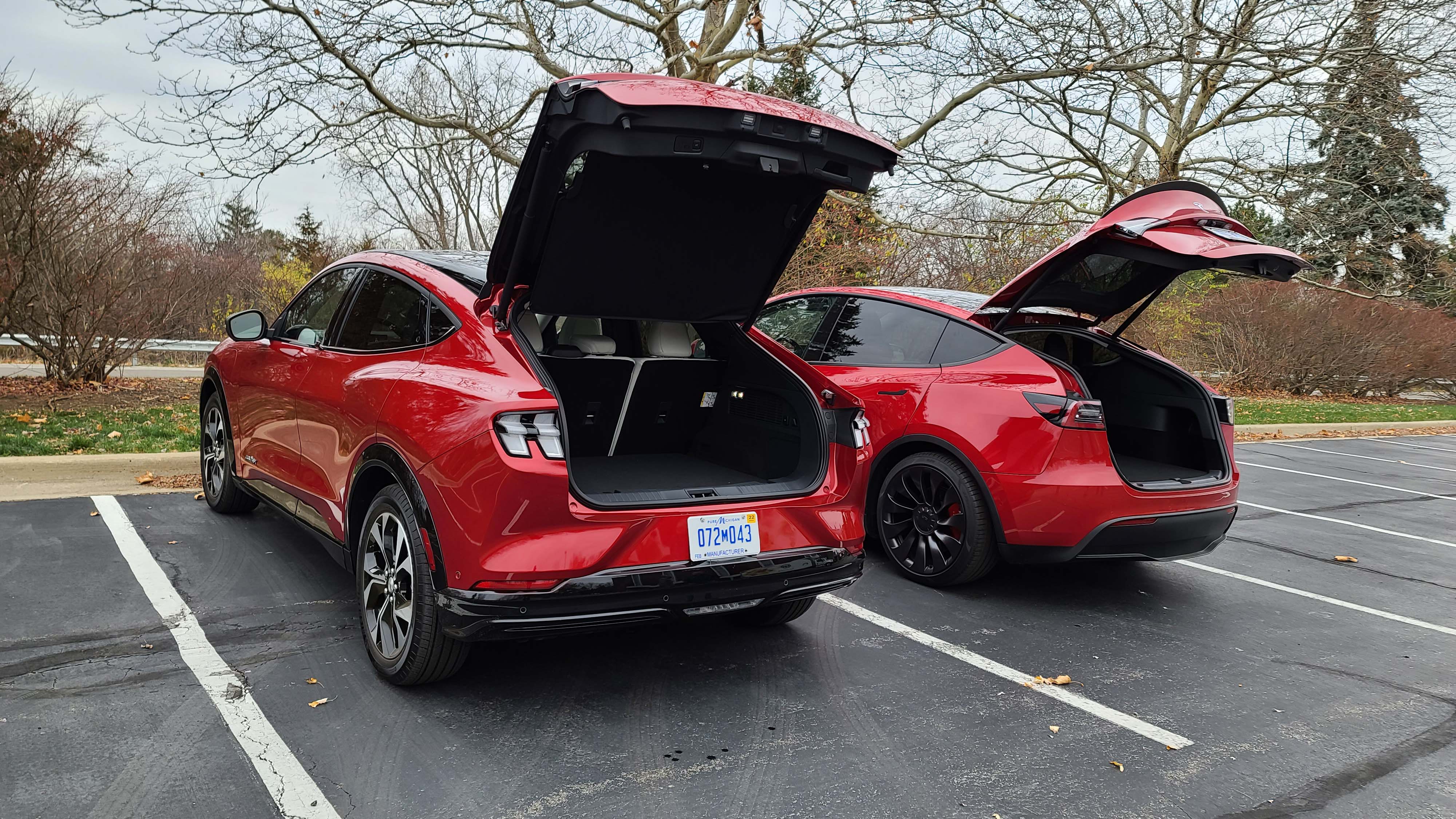 The 2021 Ford Mustang Mach-E (left) and Tesla Model Y both offer hatchback, SUV utility.