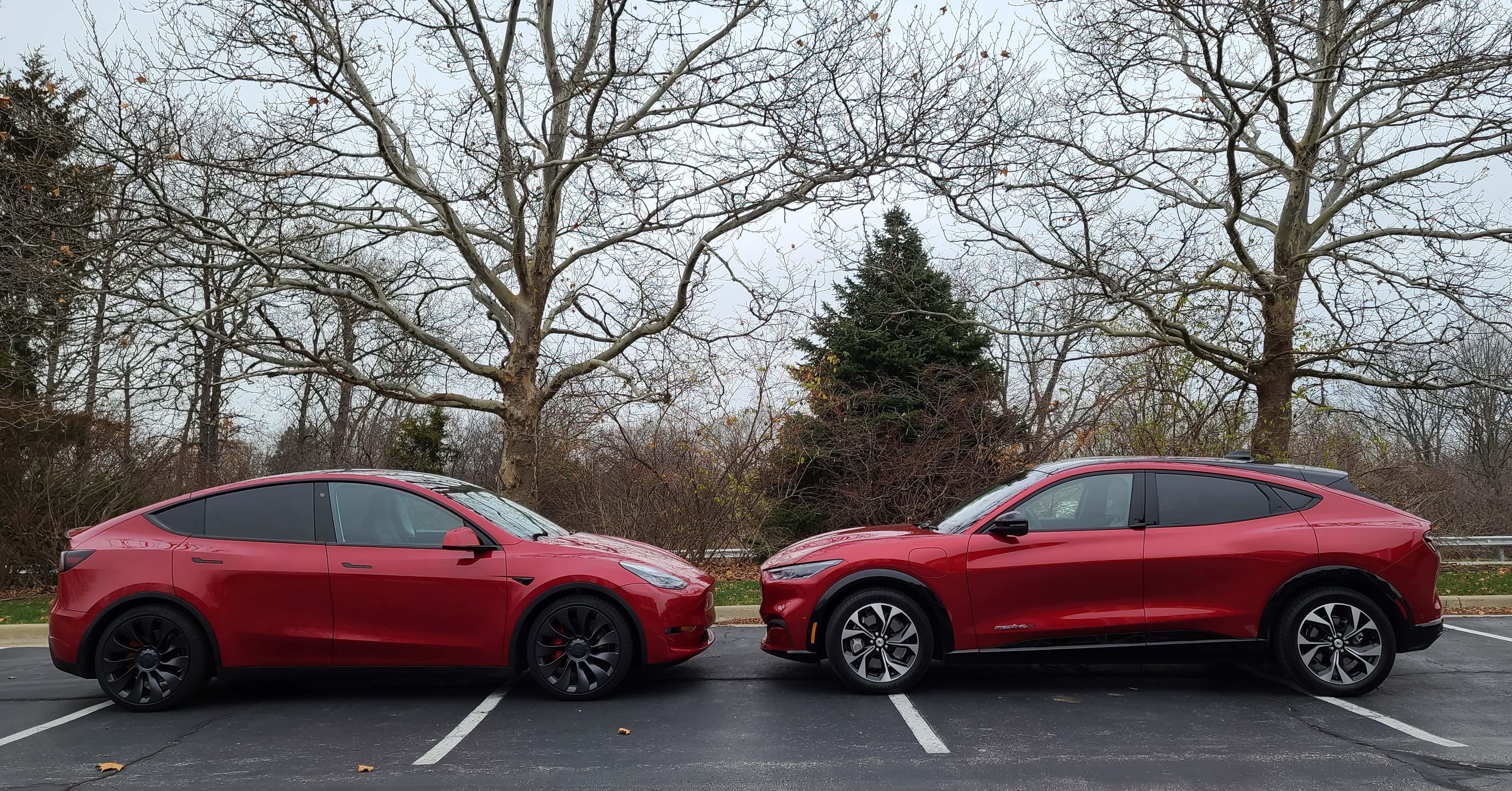 The 2021 Ford Mustang Mach-E (right) goes right at the Tesla Model Y. Tesla has dominated sales, but the Mach-E seeks to eat into its market share with a similar performance vibe, 300-mile range, and even a GT model.