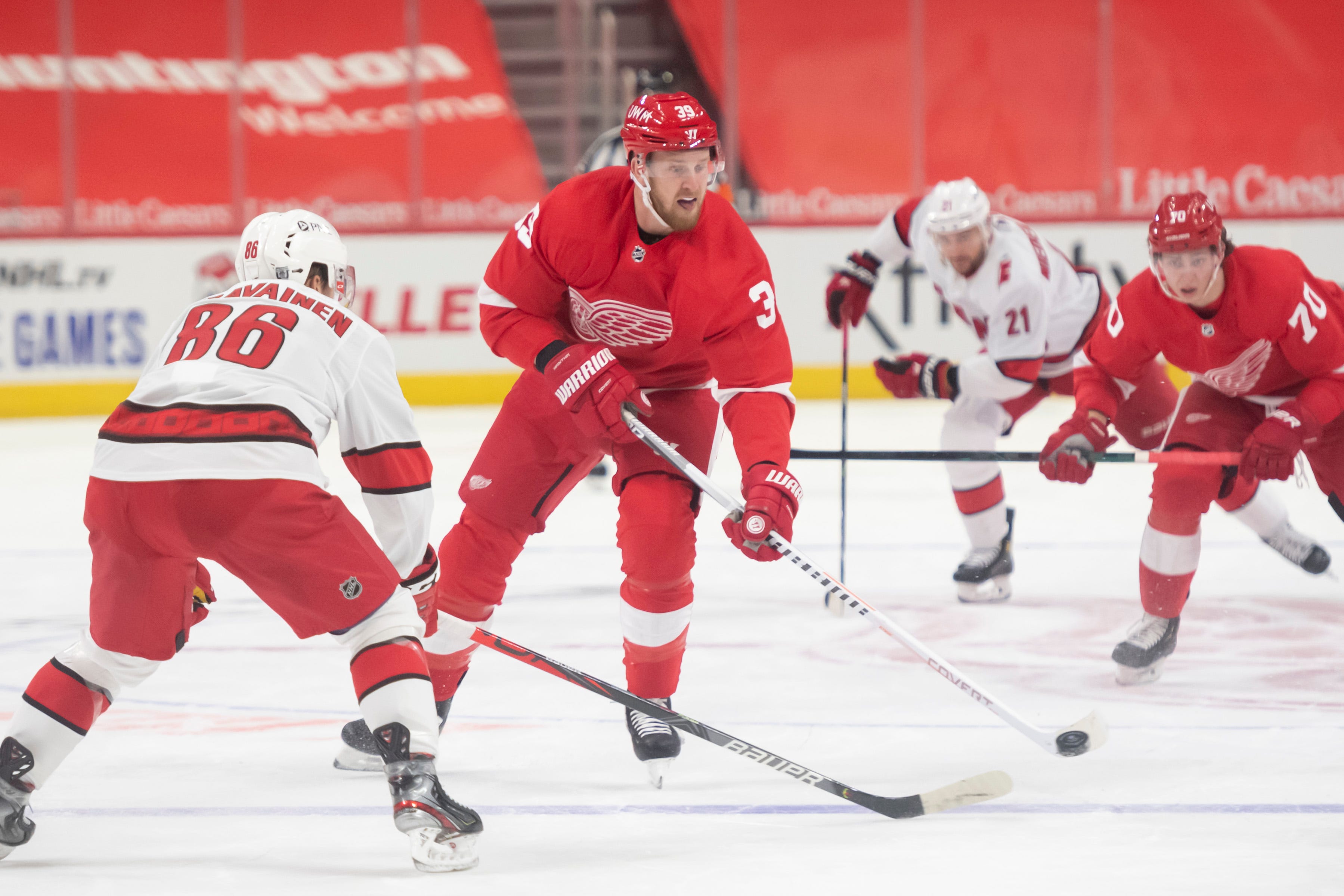 Detroit right wing Anthony Mantha passes the puck in the first period.