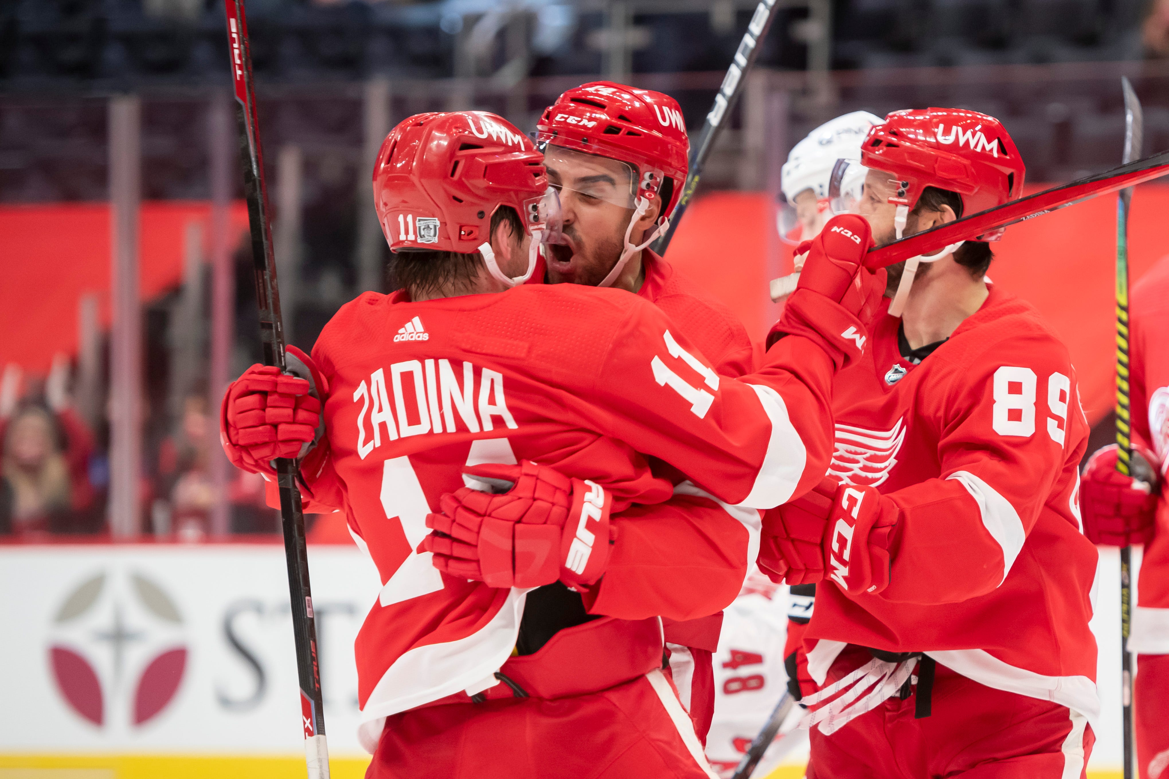 Detroit right wing Filip Zadina, left, and center Robby Fabbri celebrate after Fabbri scored a goal in the third period during a game between the Detroit Red Wings and the Carolina Hurricanes, at Little Caesars Arena, in Detroit, January 16, 2021. The Red Wings won the game, 4-2.