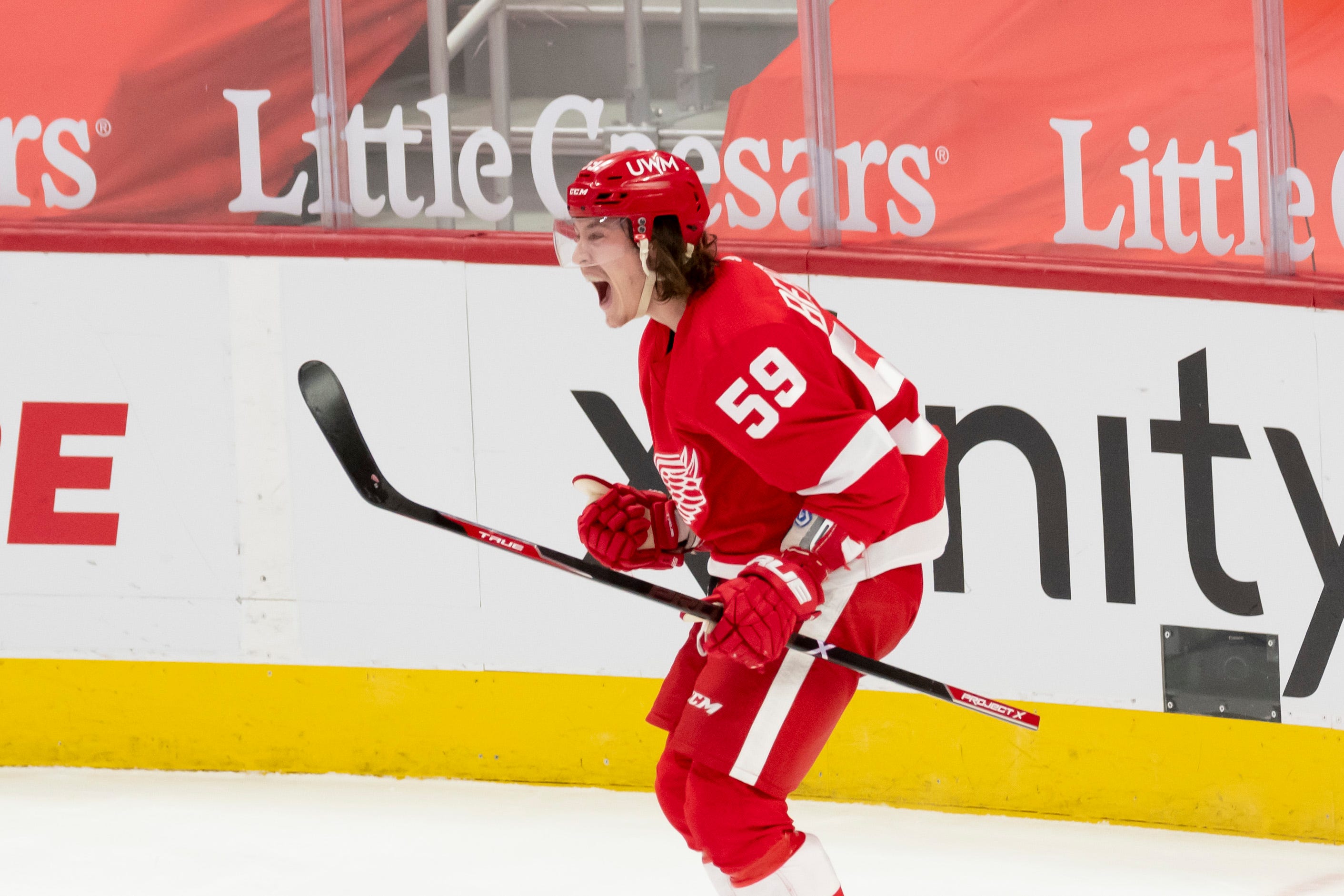Detroit left wing Tyler Bertuzzi reacts after scoring the game-winning goal in the overtime period of a game between the Detroit Red Wings and the Columbus Blue Jackets, at Little Caesars Arena, in Detroit, January 19, 2021.