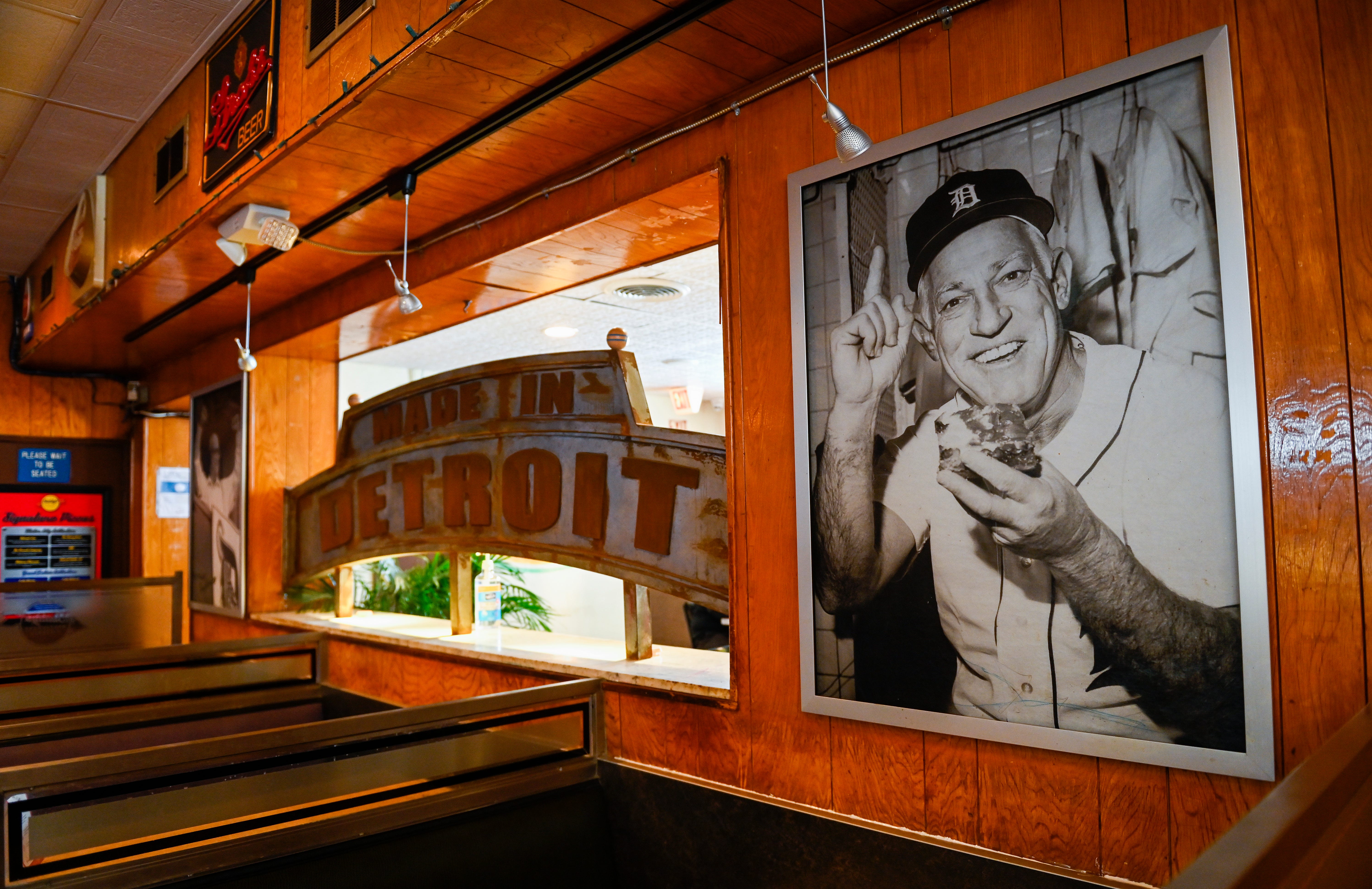 A photo of former Tigers manager Sparky Anderson hangs on the wall at Buddy's  Pizza in Detroit, Monday, February 15, 2021.