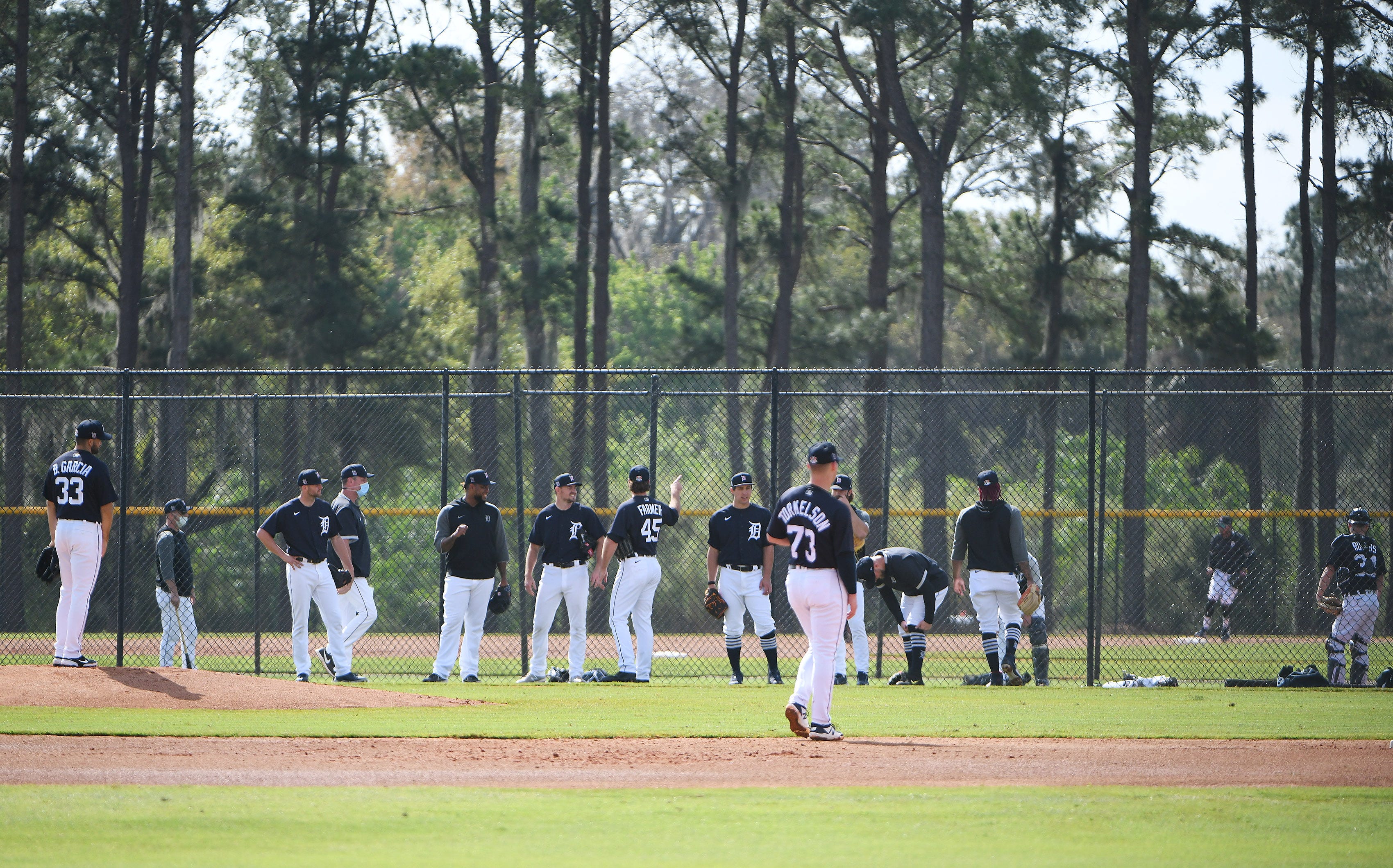 Tigers pitchers Bryan Garcia (33) is seen on the mound during infield practice.