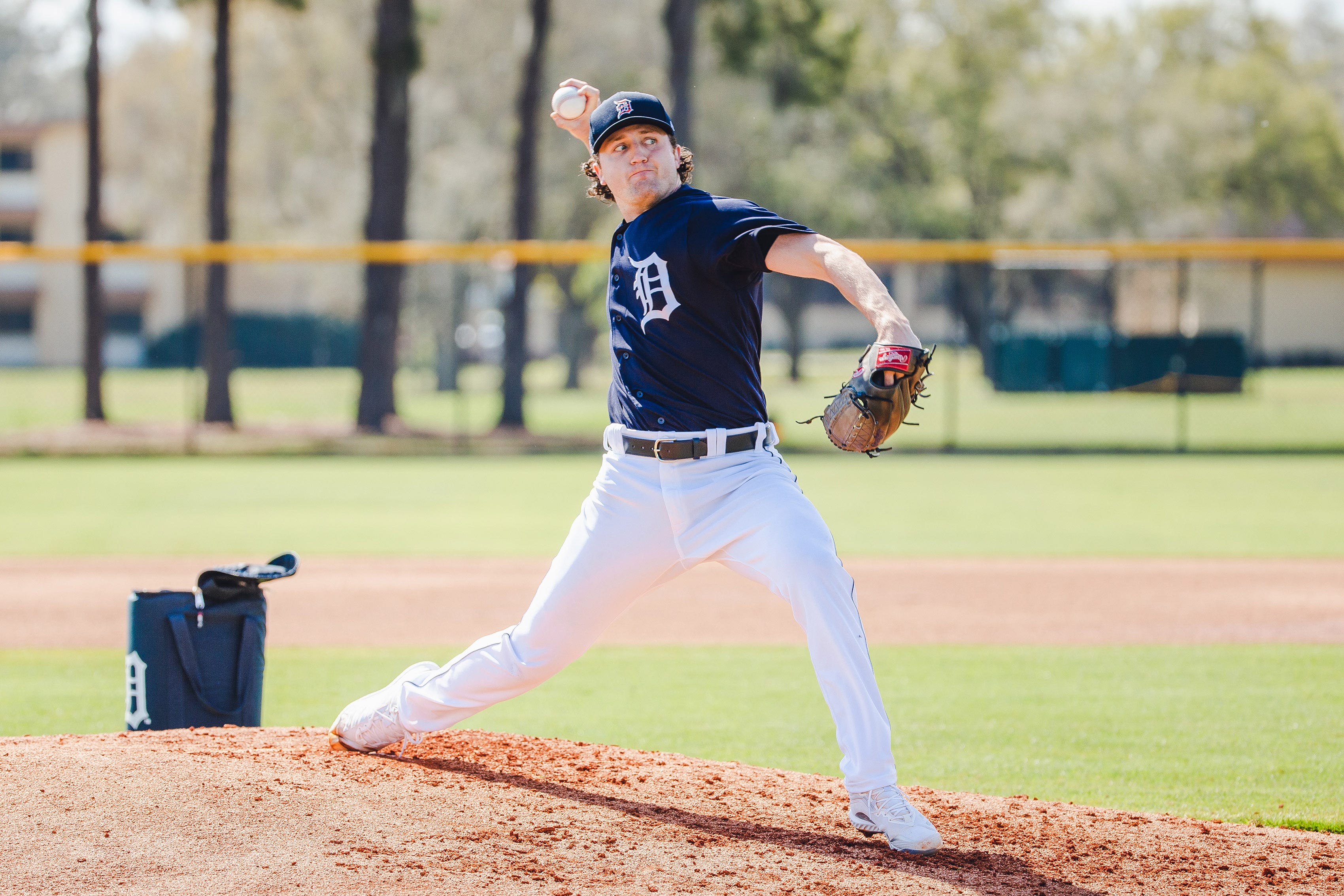Tigers pitcher Casey Mize throws live batting practice in Lakeland, Florida on February 24, 2021.