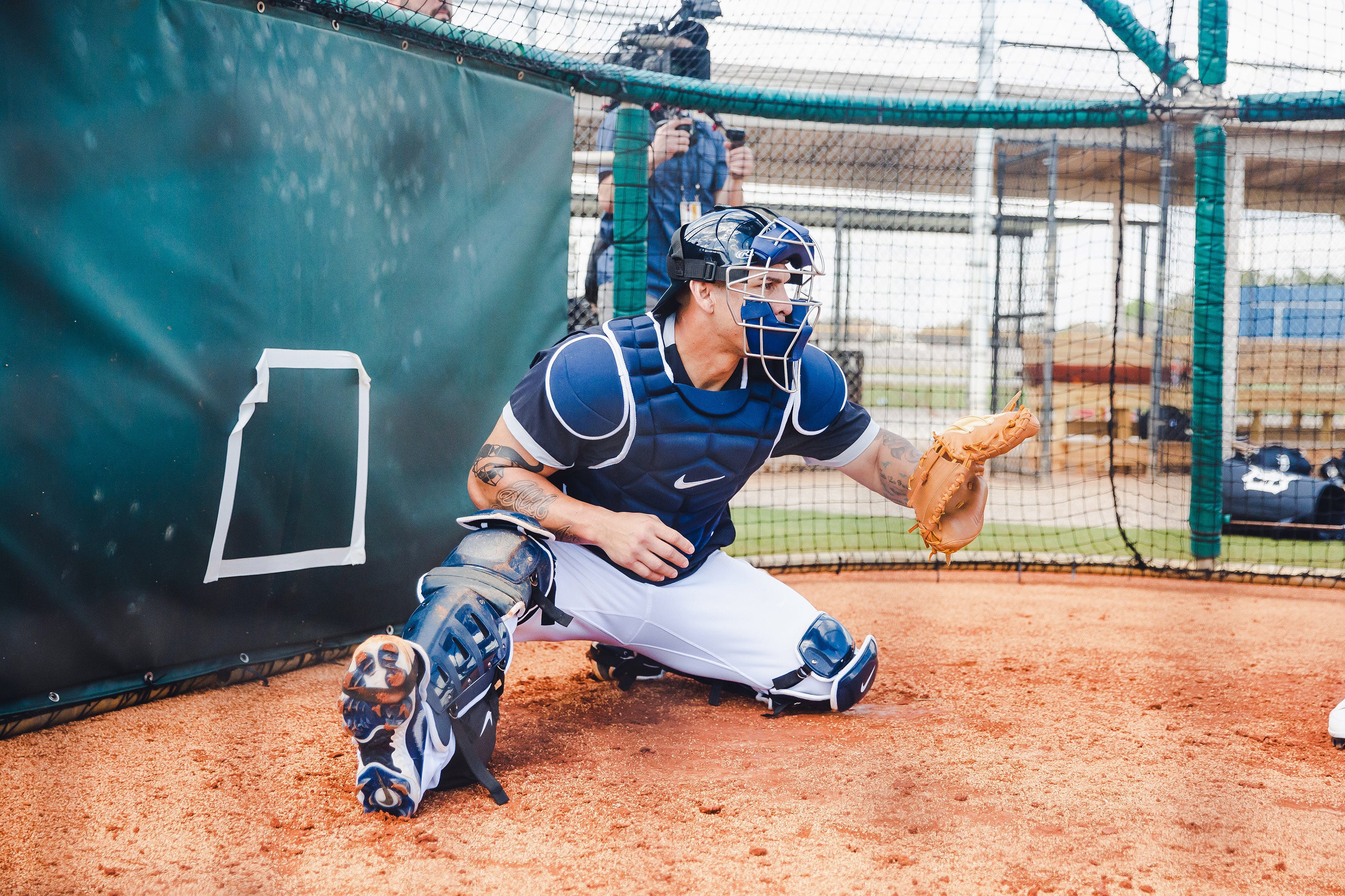 Tigers catcher Wilson Ramos works behind the plate in Lakeland, Florida on February 24, 2021.