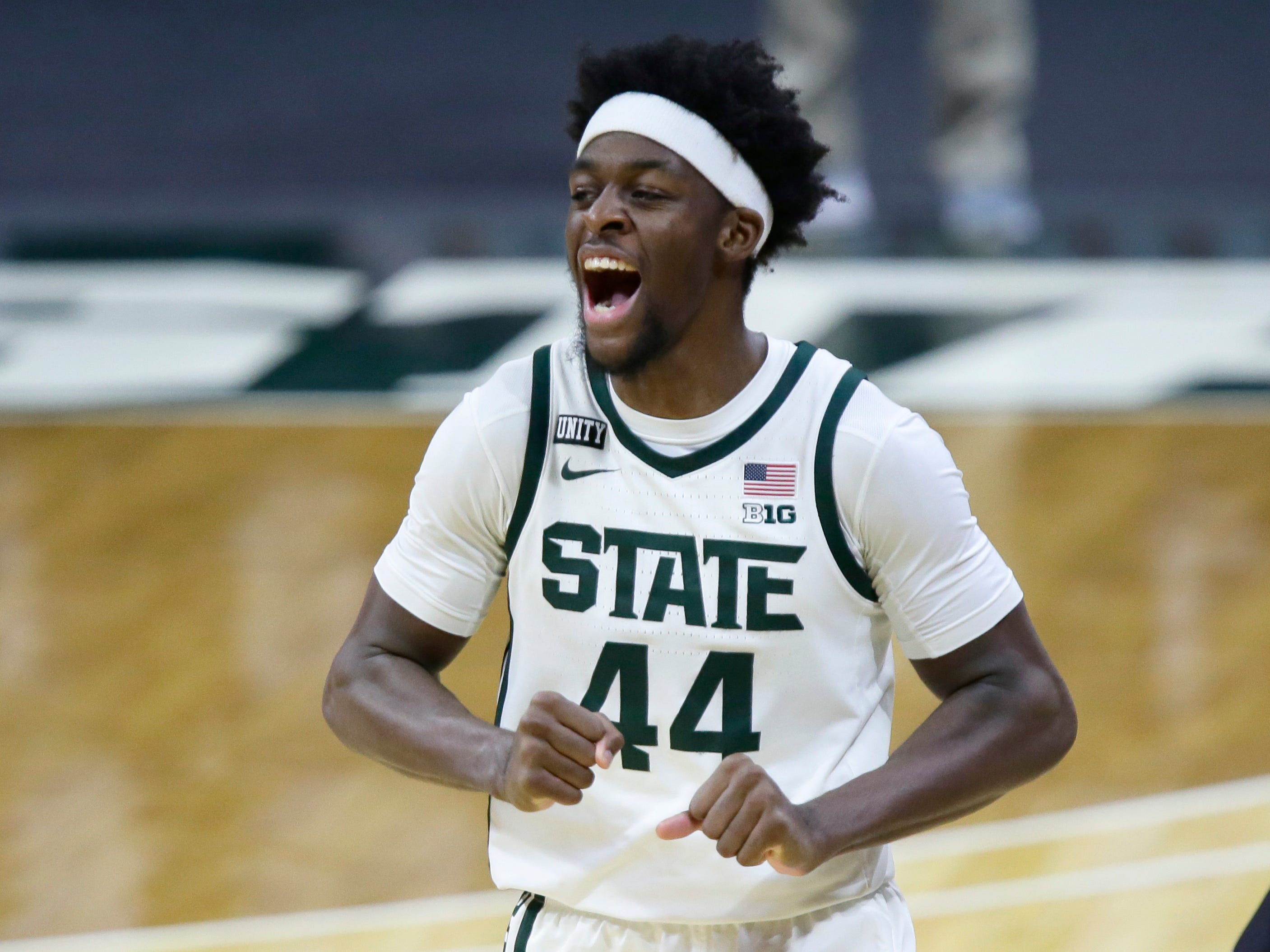 Michigan State forward Gabe Brown celebrates the team's 71-67 win over Ohio State Thursday. Brown had 11 points.