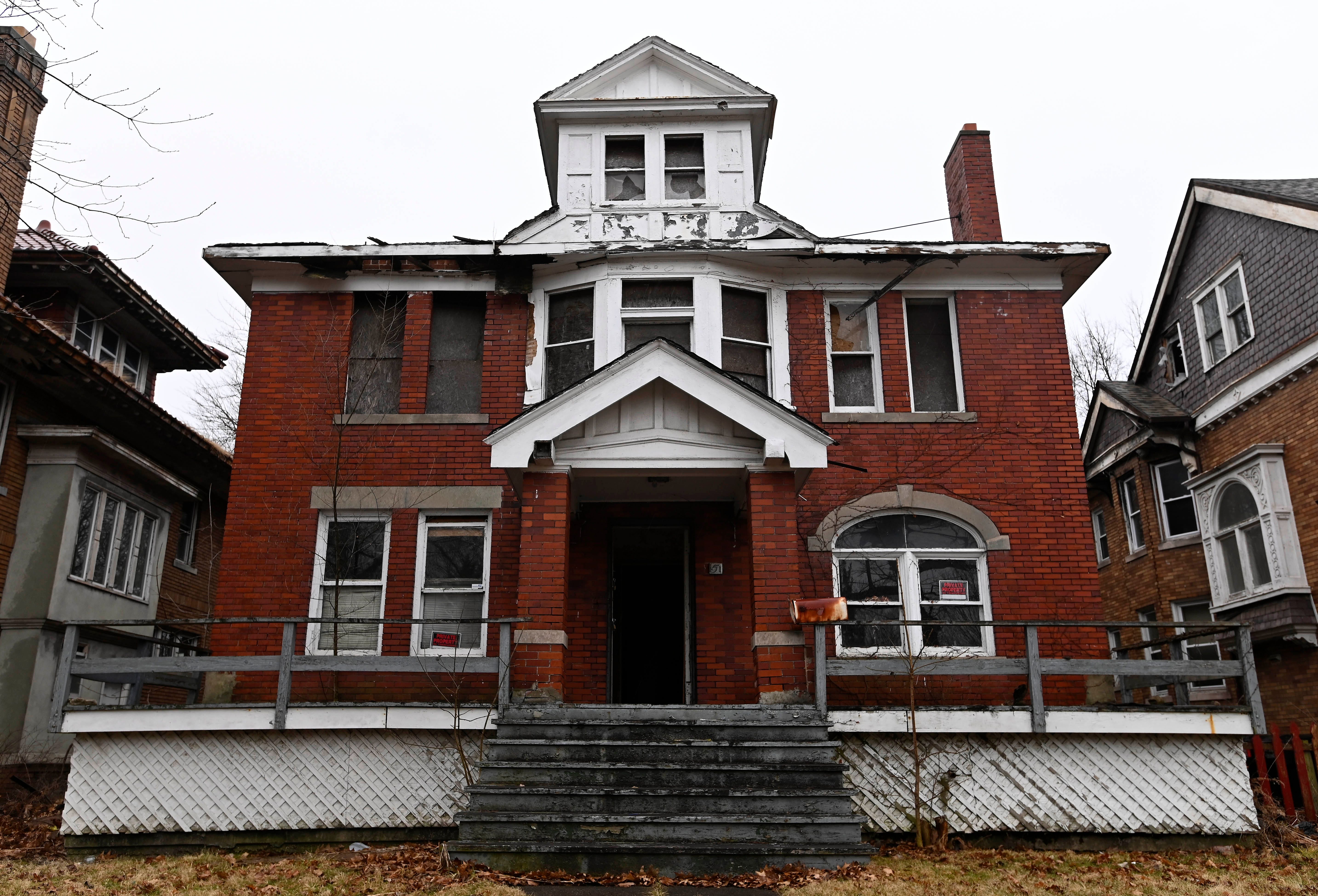 The front of a house on East Grand Boulevard in Detroit, Thursday, March 18, 2021. HGTV star Nicole Curtis is in a battle with the Detroit Land Bank Authority over this 1908 home.