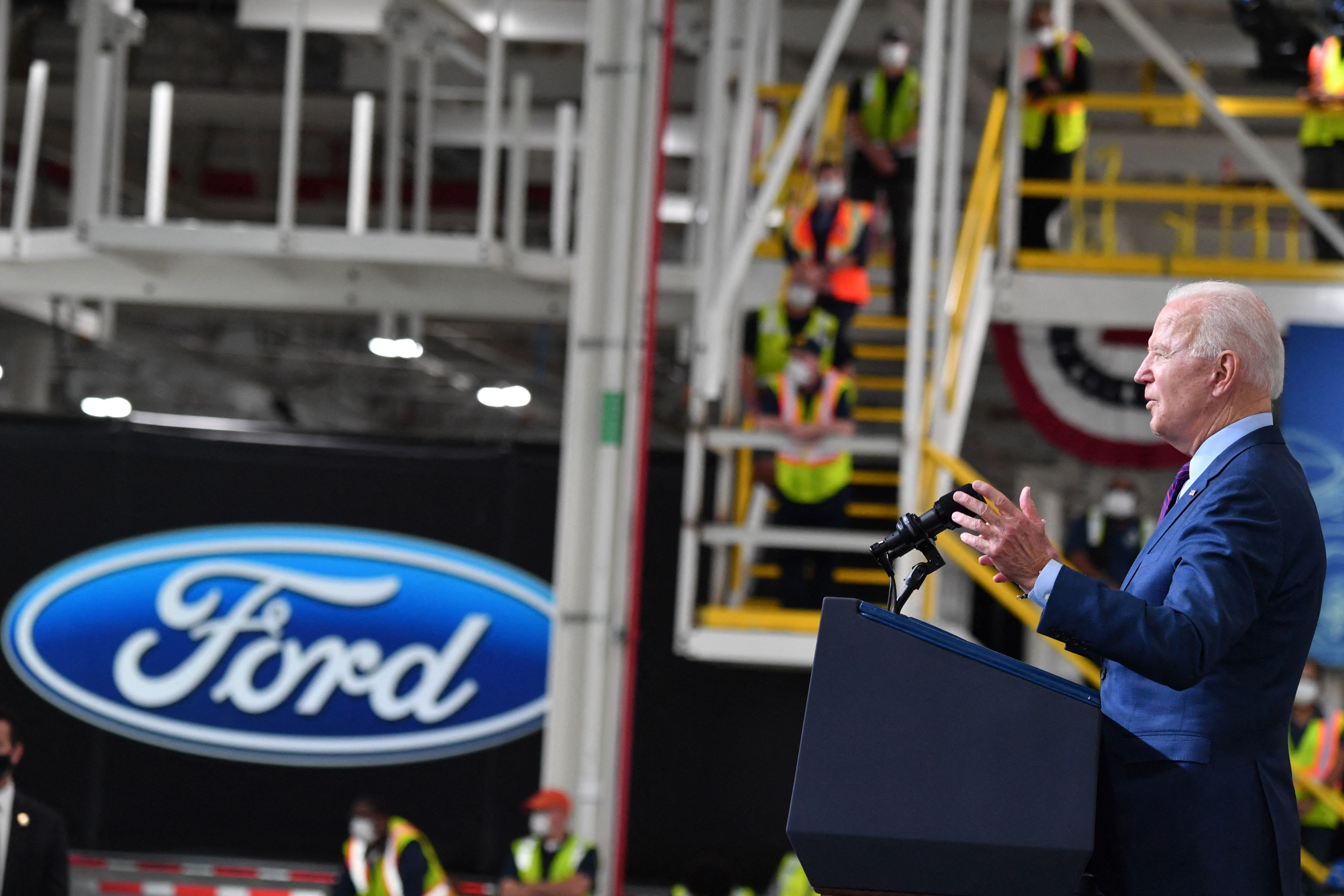 US President Joe Biden delivers remarks at the Ford Rouge Electric Vehicle Center, in Dearborn, Michigan.