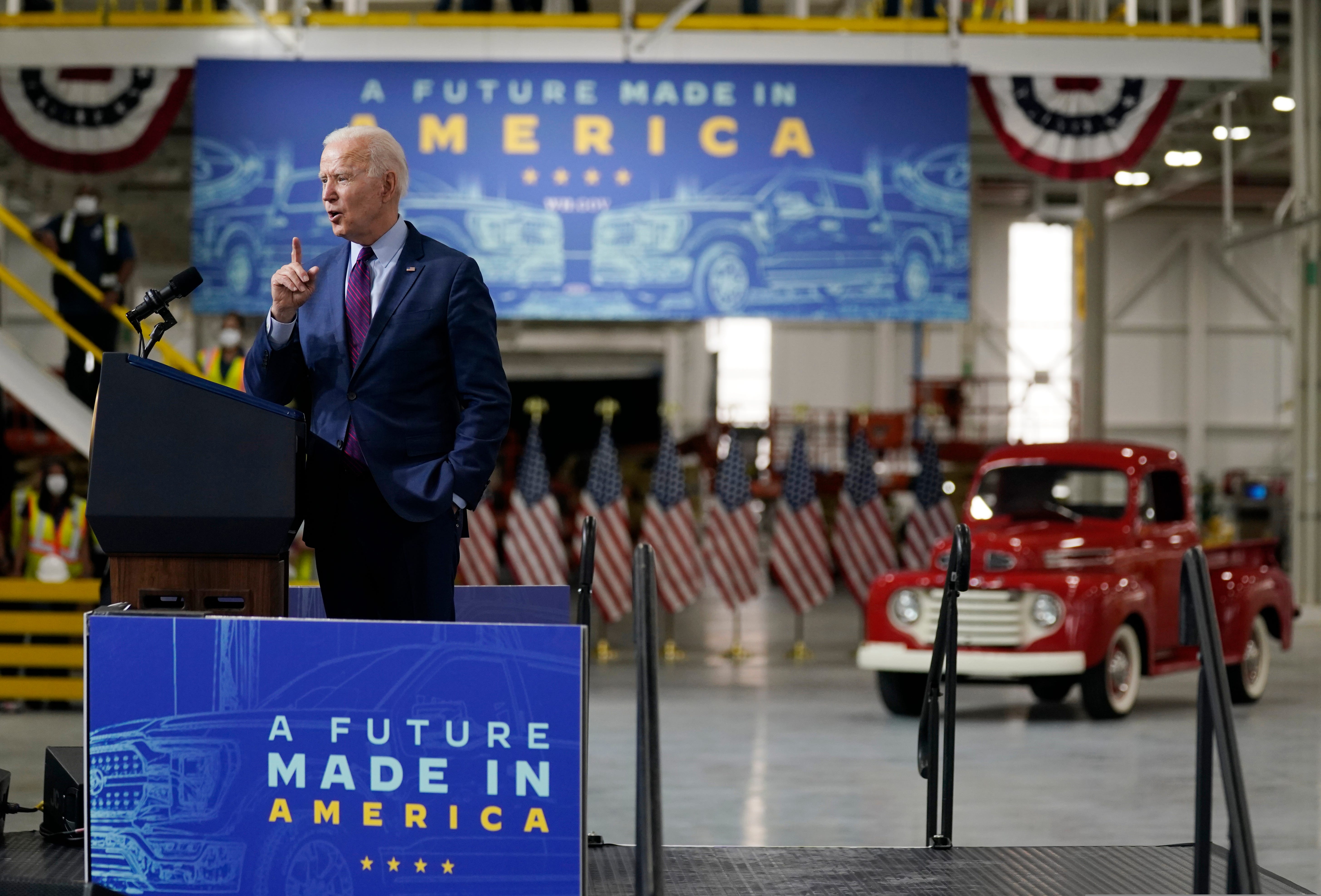 President Joe Biden speaks after a tour of the Ford Rouge EV Center, Tuesday, May 18, 2021, in Dearborn, Mich.