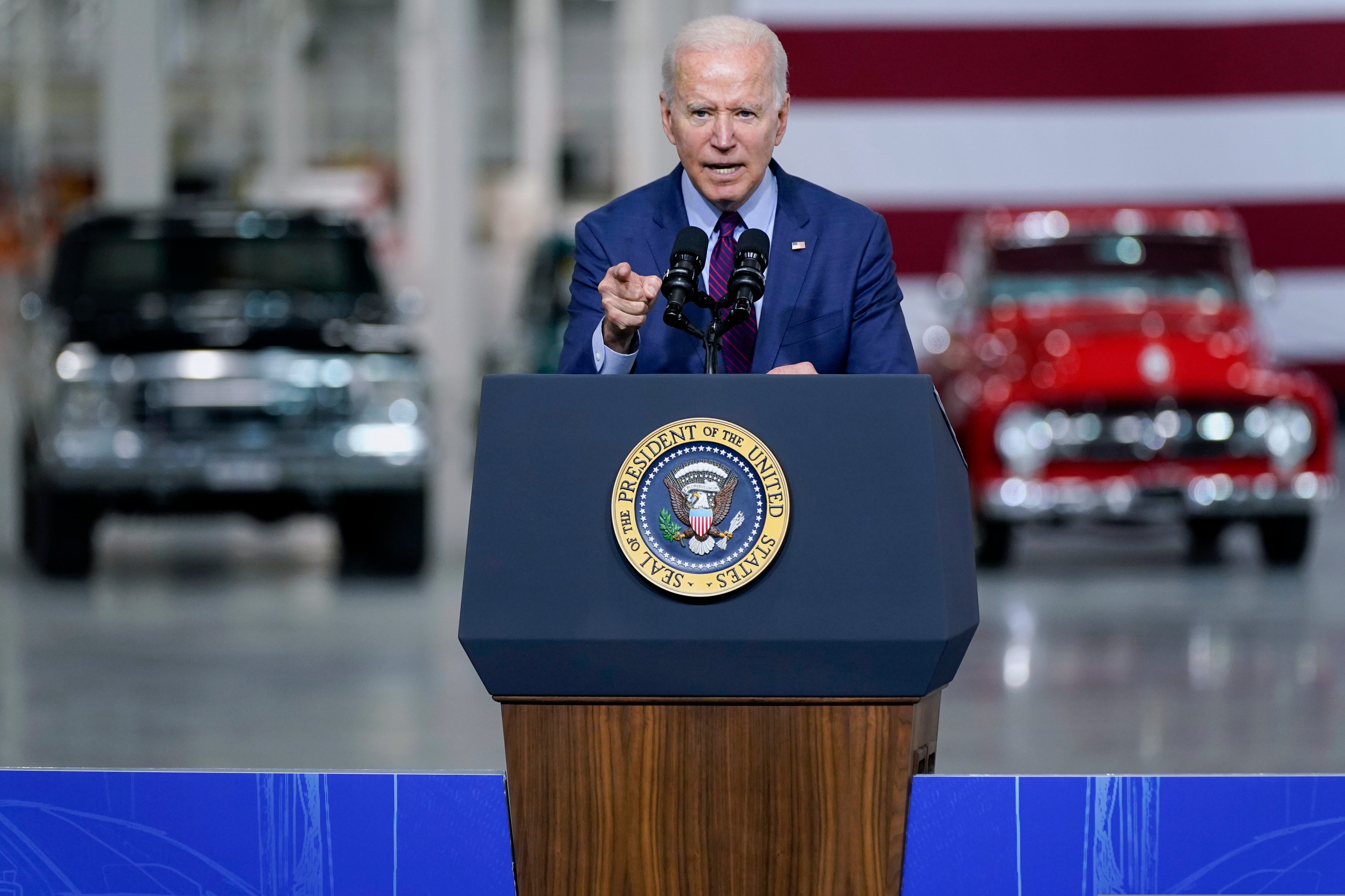 President Joe Biden speaks after a tour of the Ford Rouge EV Center, Tuesday, May 18, 2021, in Dearborn, Mich.