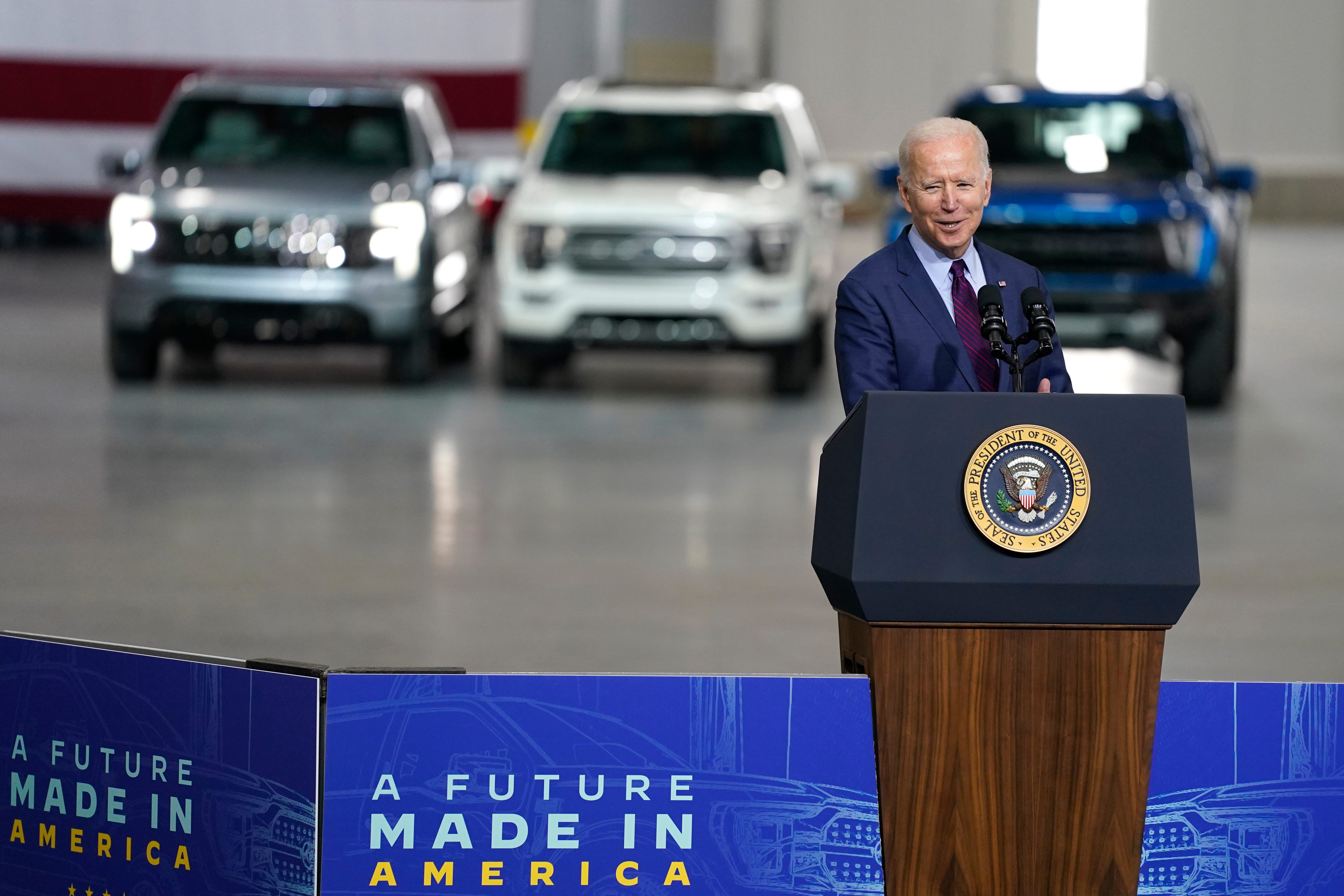 President Joe Biden delivers remarks after a tour of the Ford Rouge EV Center, Tuesday, May 18, 2021, in Dearborn, Mich.
