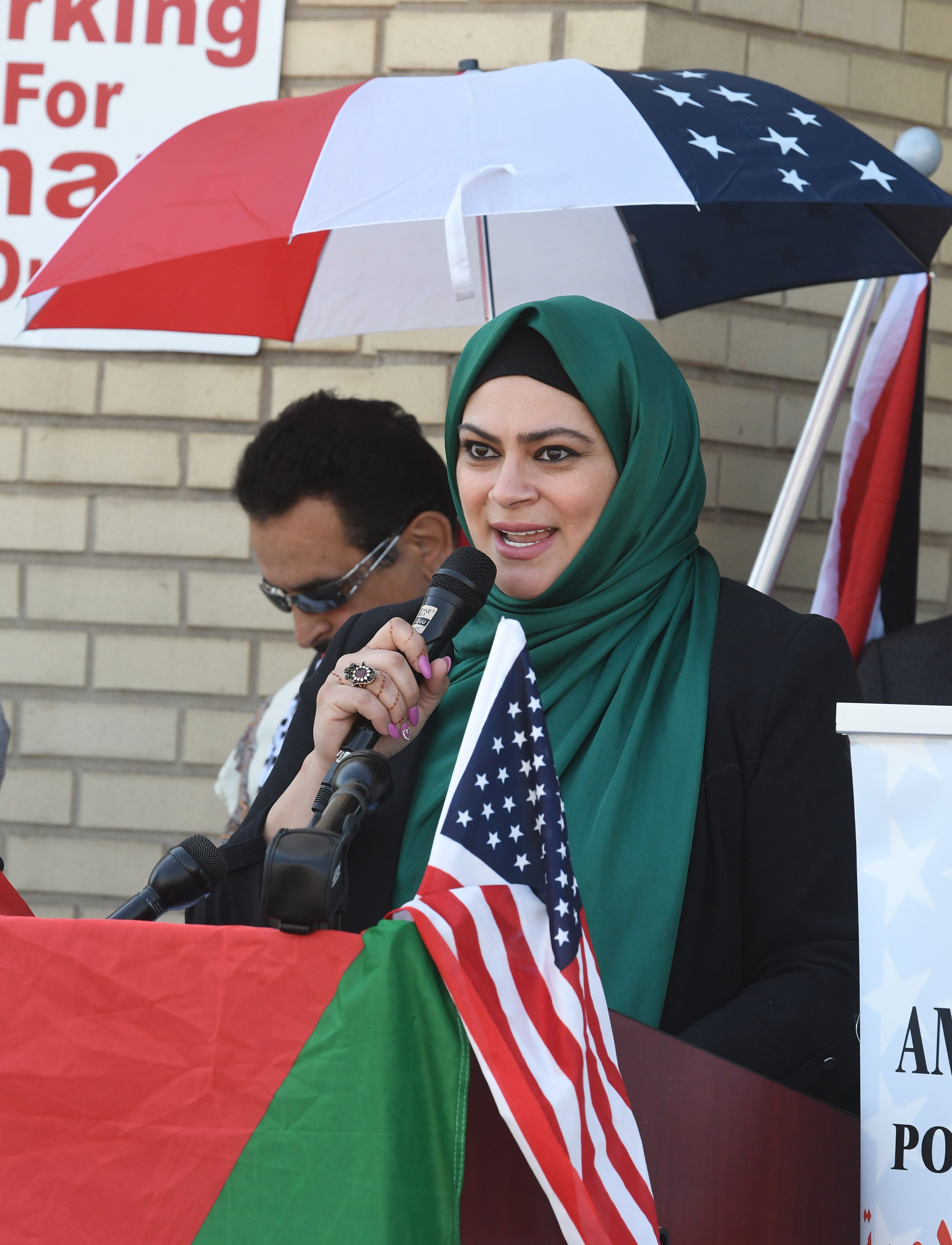 Humanitarian activist Micho Assi  speaks during a press conference at the AMS Mosque in Dearborn, Michigan on May 18, 2021.