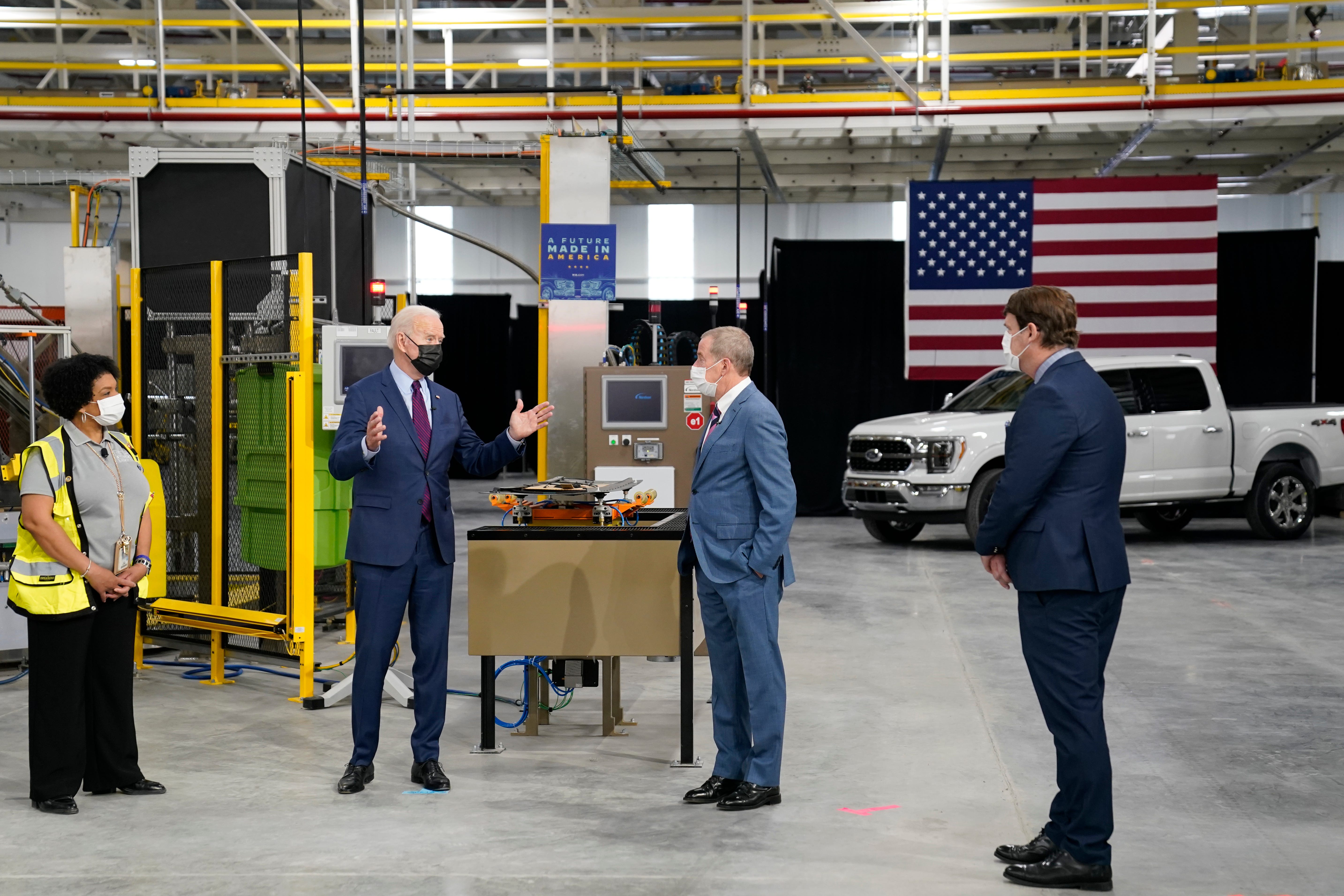 President Joe Biden speaks during a tour of the Ford Rouge EV Center in Dearborn