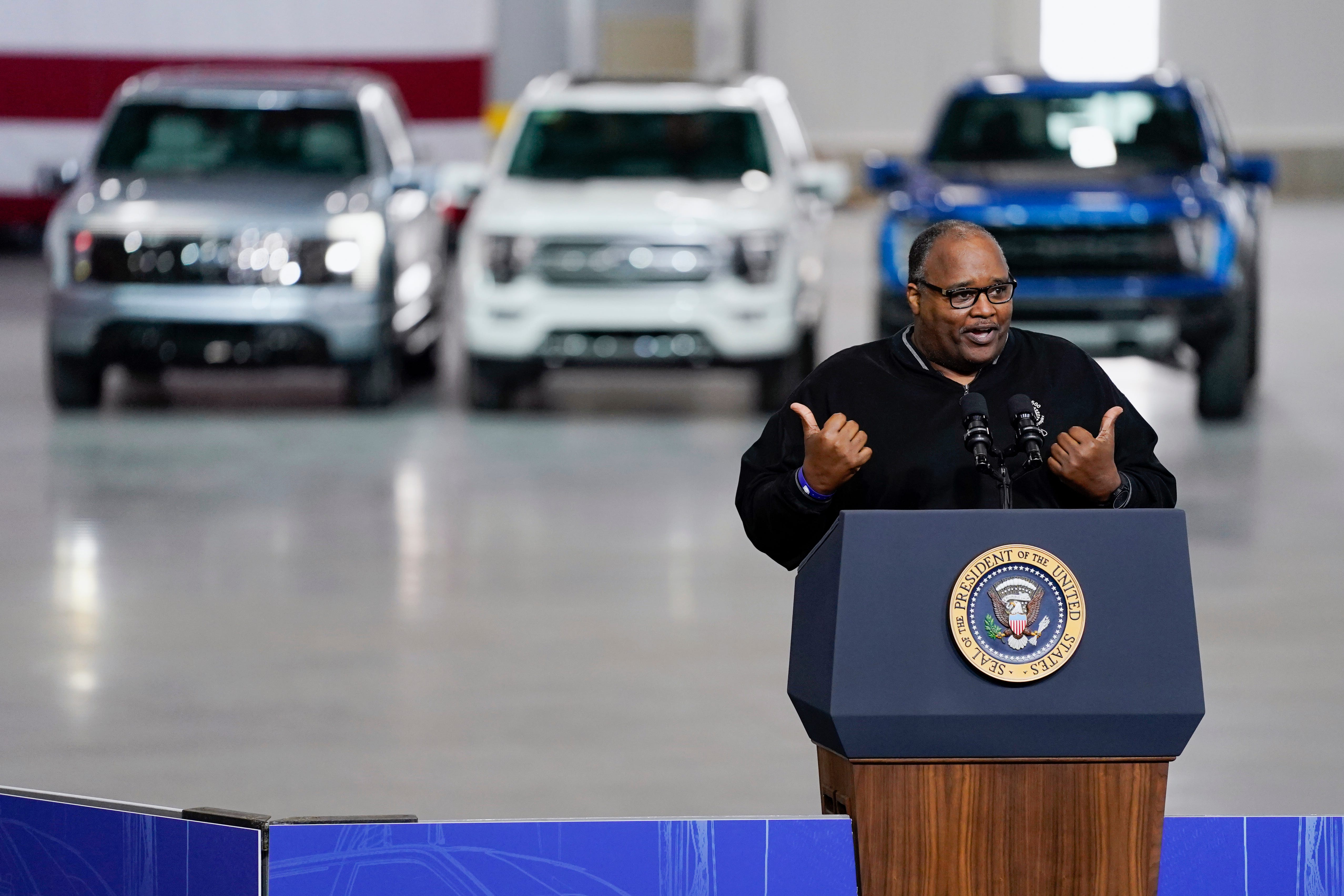 Rory Gamble, President of United Auto Workers, speaks at the Ford Rouge EV Center, Tuesday, May 18, 2021, in Dearborn, Mich.
