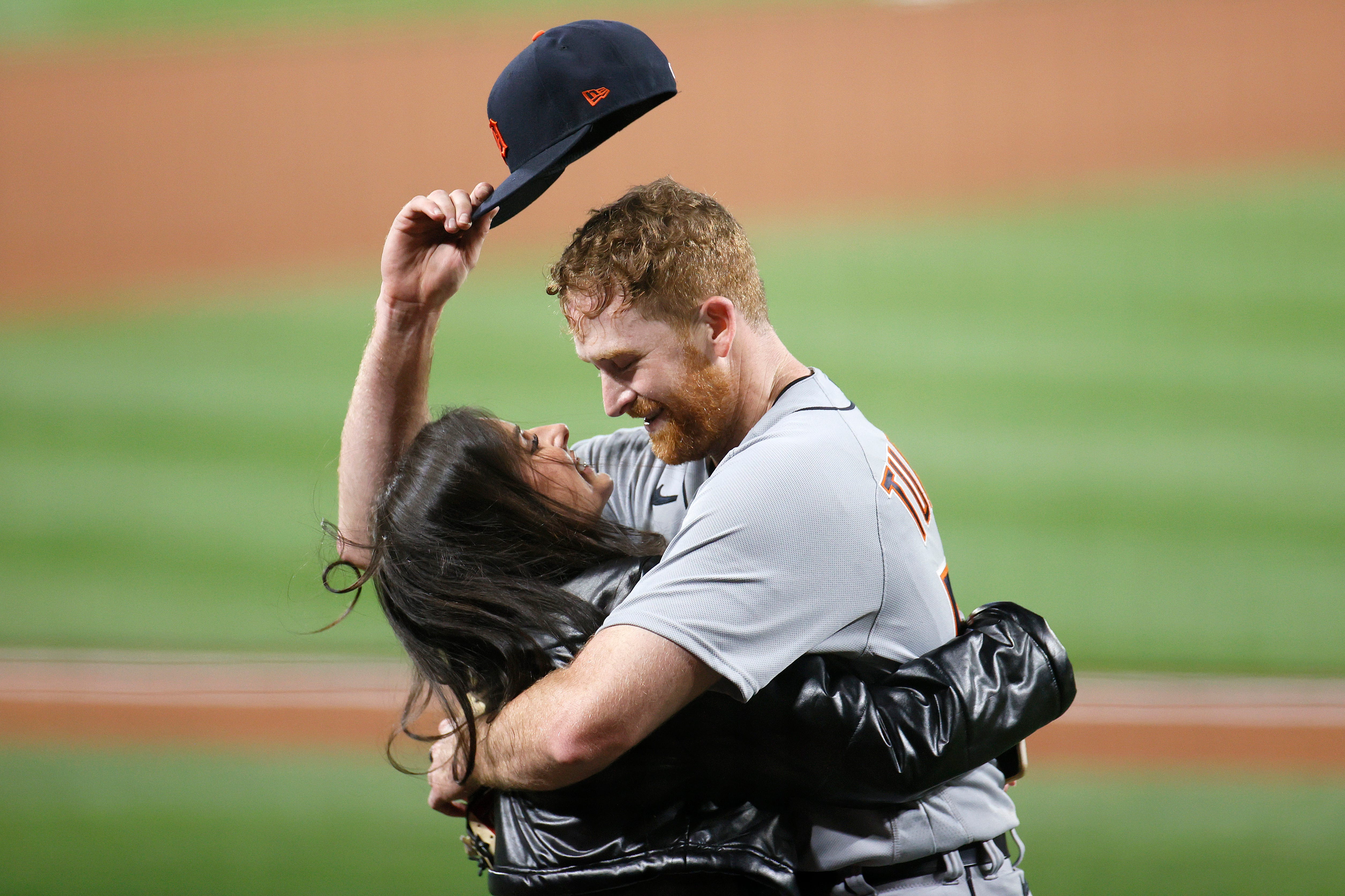 Spencer Turnbull of the Detroit Tigers celebrates with his girlfriend after his no-hitter.