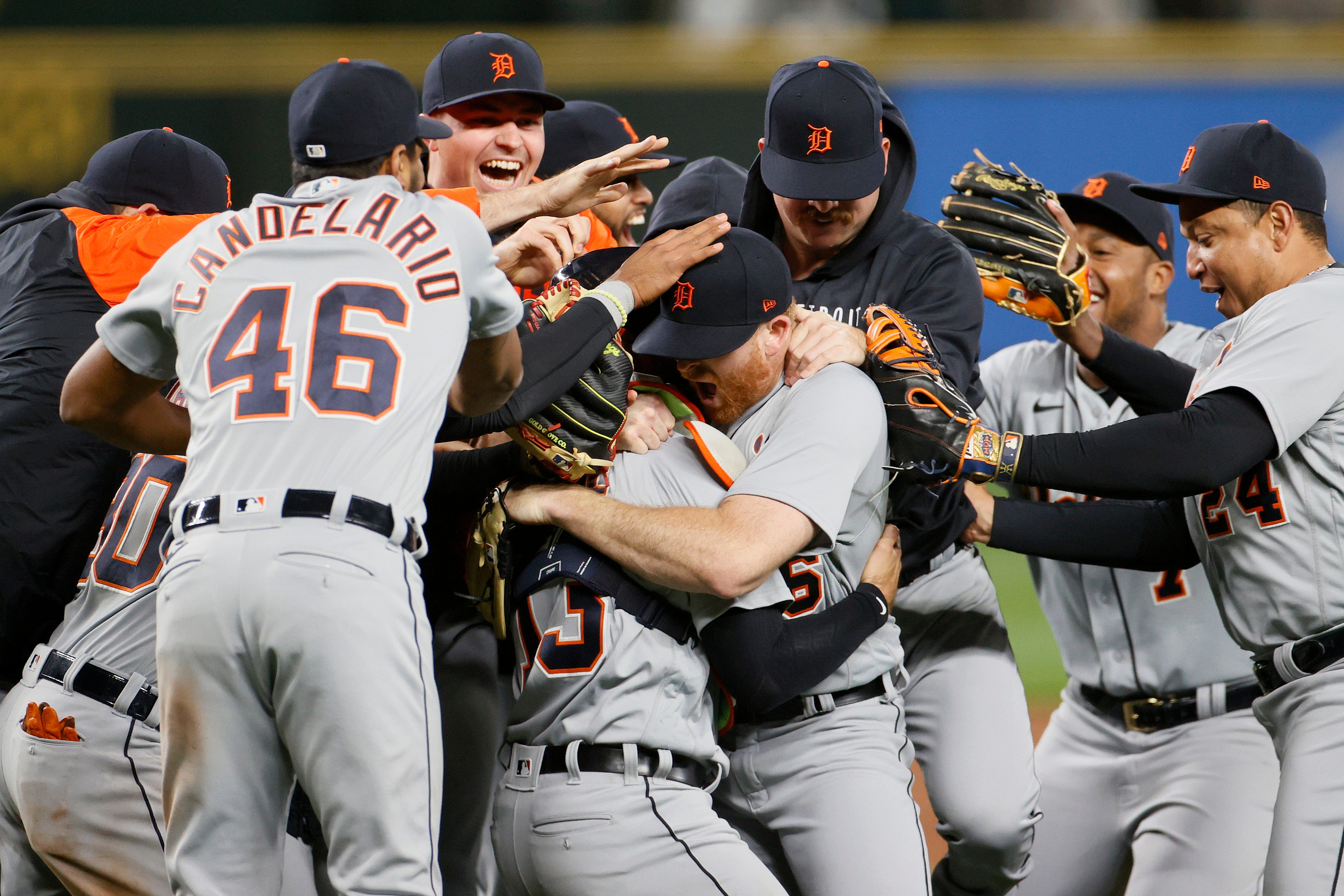 Spencer Turnbull of the Detroit Tigers celebrates with his teammates after his no-hitter against the Seattle Mariners at T-Mobile Park on May 18, 2021 in Seattle. The Tigers beat the Mariners 5-0.