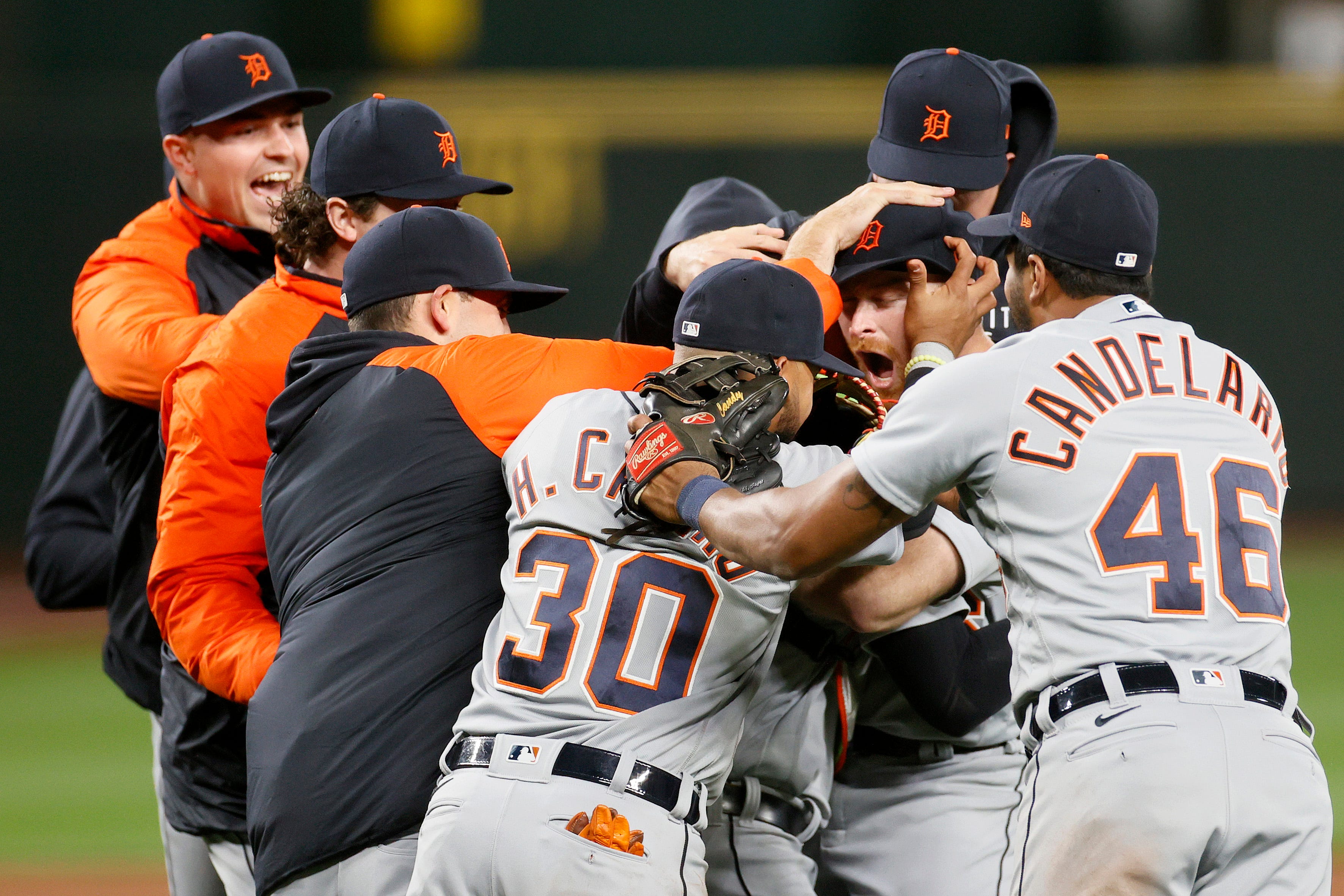 Spencer Turnbull of the Detroit Tigers celebrates with his teammates after his no-hitter against the Seattle Mariners at T-Mobile Park on May 18, 2021 in Seattle
