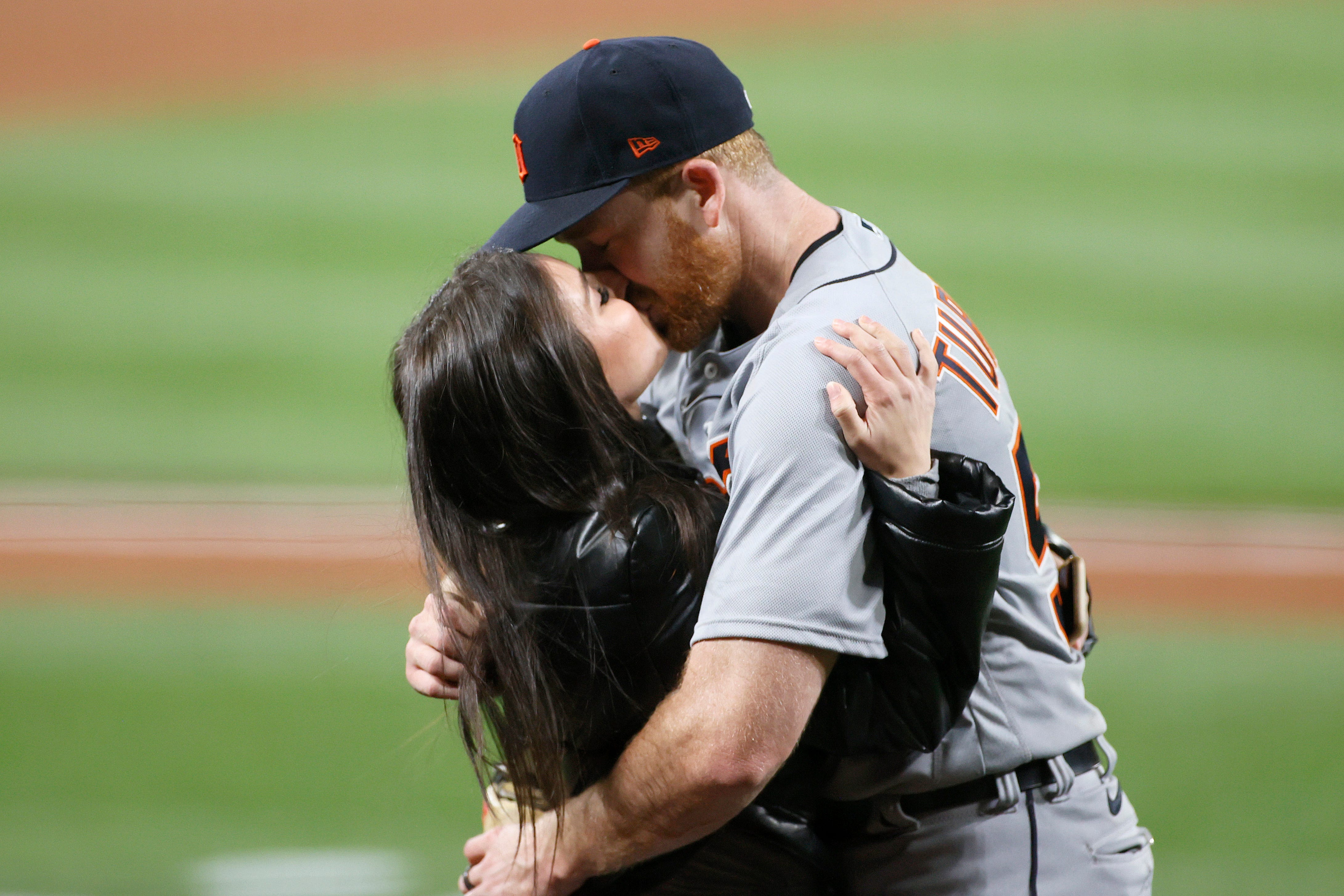 Spencer Turnbull of the Detroit Tigers kisses his girlfriend after his no-hitter.