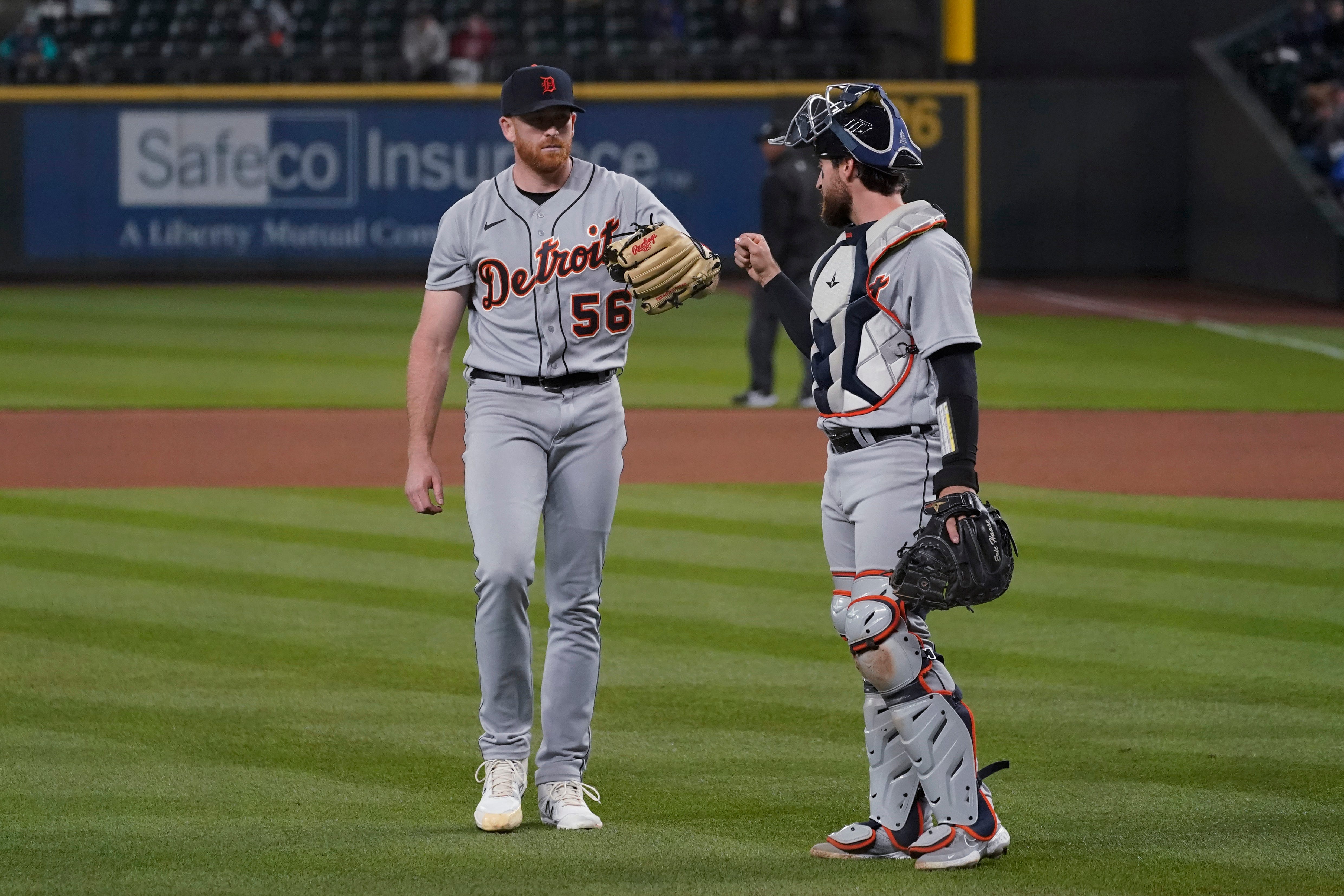 Detroit Tigers starting pitcher Spencer Turnbull, left walks with catcher Eric Haase at the end of the seventh inning.