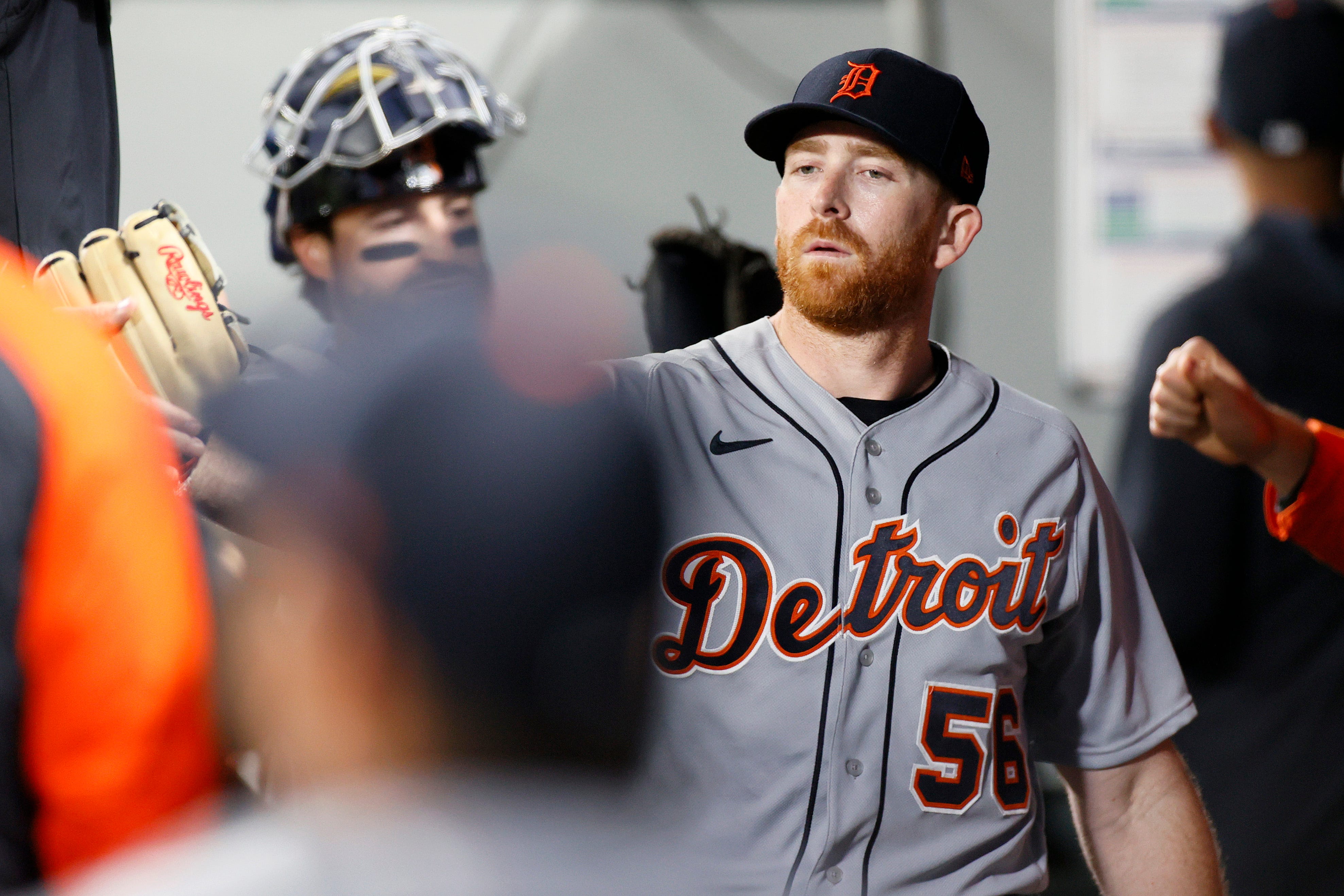 Spencer Turnbull of the Detroit Tigers celebrates with his teammates in the dugout after the fifth inning.