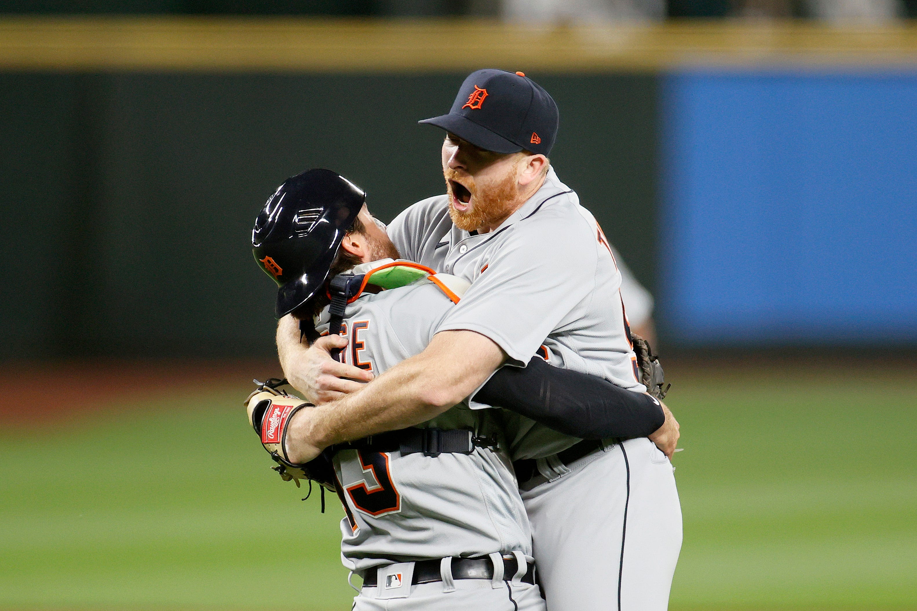 Spencer Turnbull (56) and Eric Haase (13) of the Detroit Tigers celebrate after Turnbull's no-hitter against the Seattle Mariners at T-Mobile Park on May 18, 2021 in Seattle.