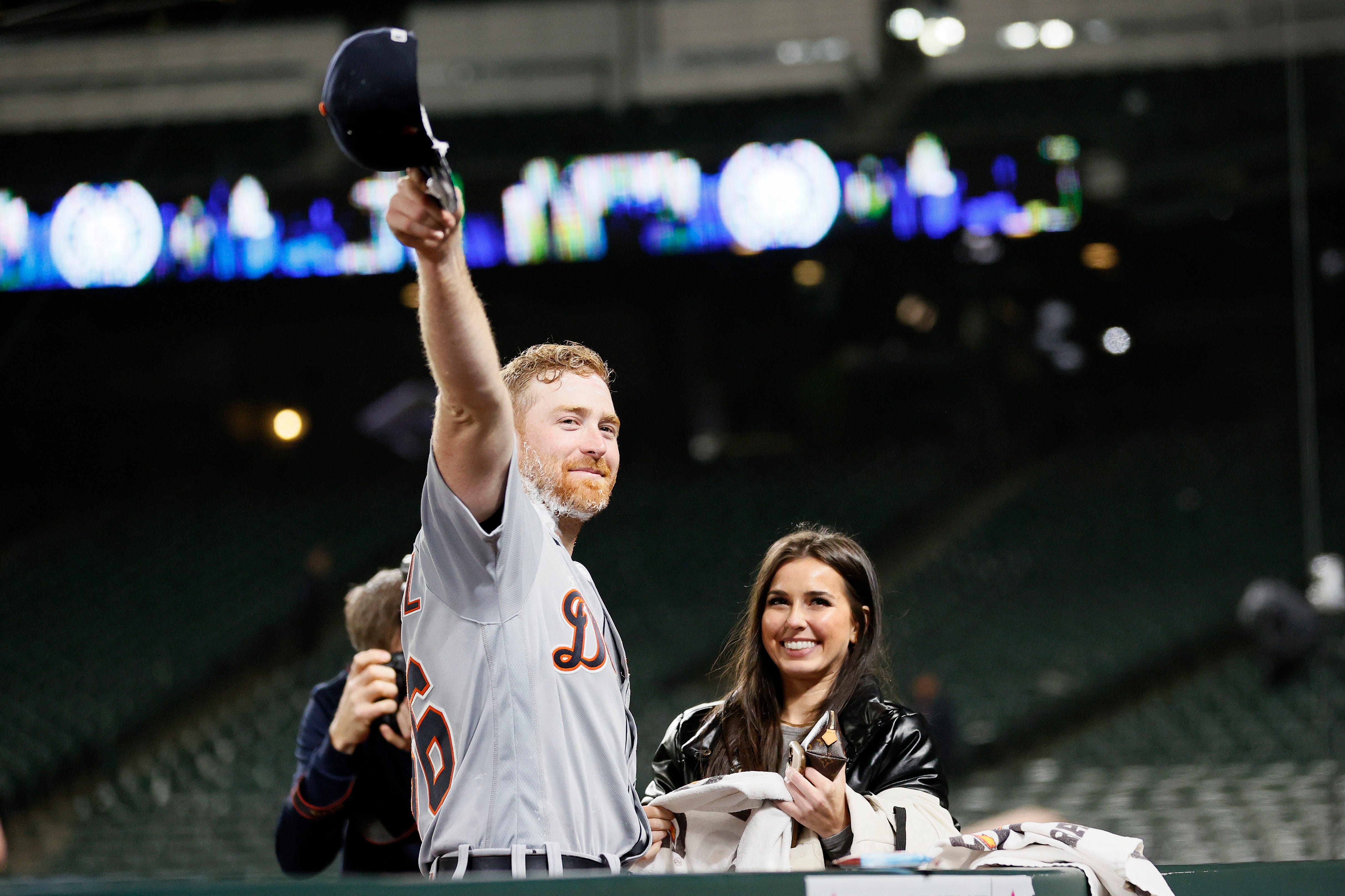 Detroit Tigers pitcher Spencer Turnbull celebrates with his girlfriend after his no-hitter against the Seattle Mariners at T-Mobile Park on May 18, 2021 in Seattle.