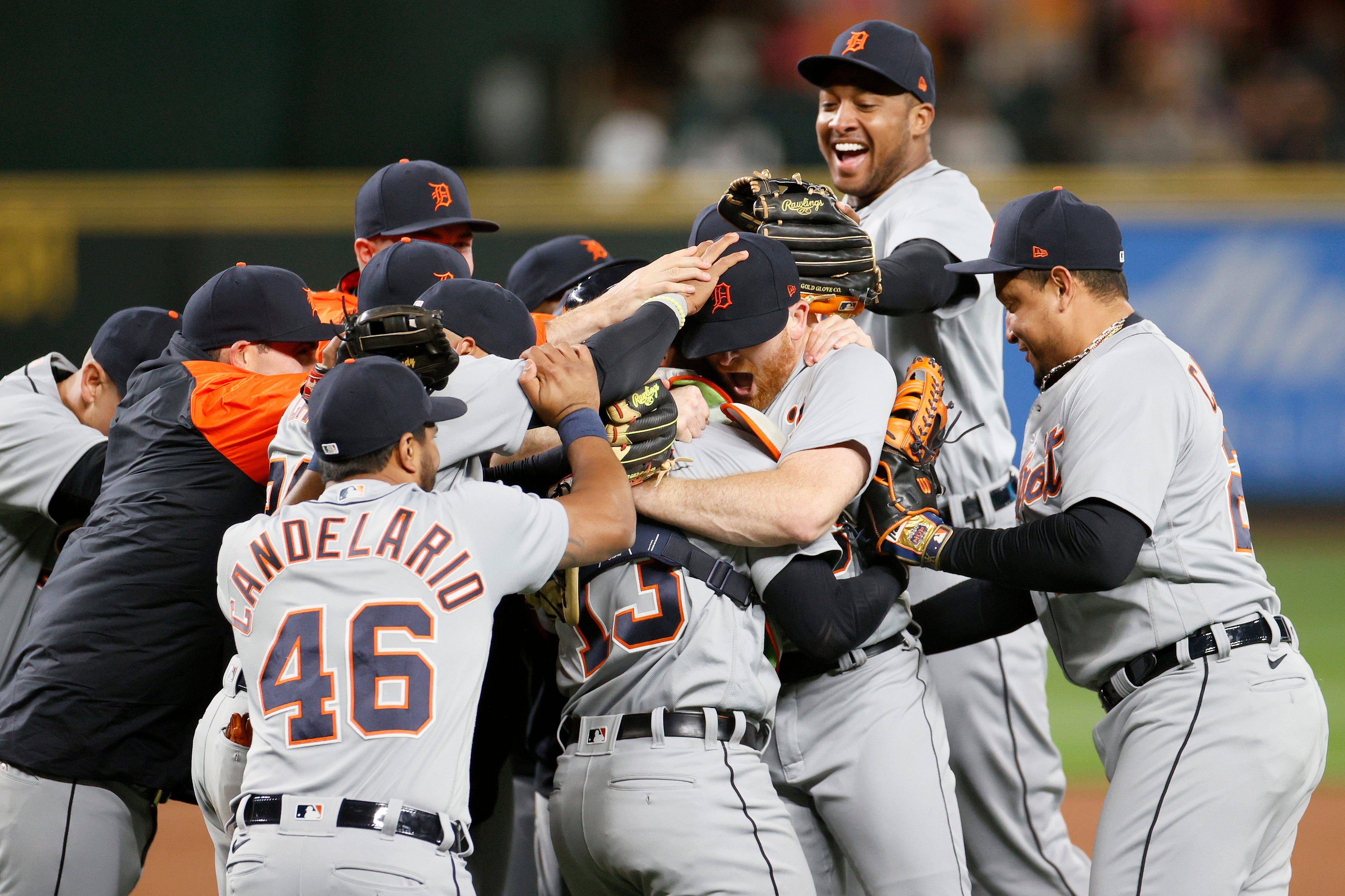 Spencer Turnbull of the Detroit Tigers celebrates with his teammates after his no-hitter against the Seattle Mariners at T-Mobile Park on May 18, 2021 in Seattle.