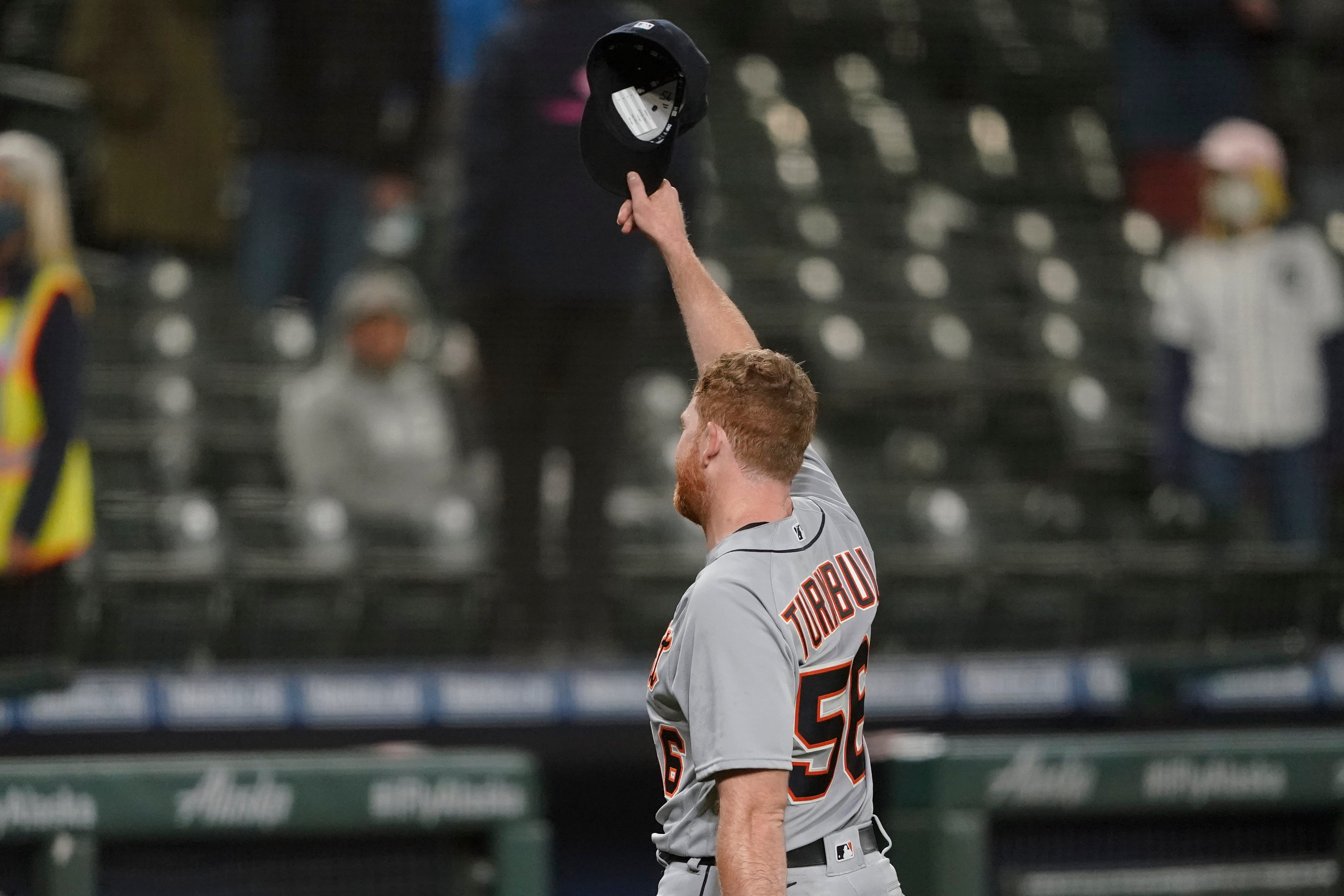 Detroit Tigers starting pitcher Spencer Turnbull tips his cap to the crowd after he threw a no-hitter baseball game against the Seattle Mariners, Tuesday, May 18, 2021, in Seattle.
