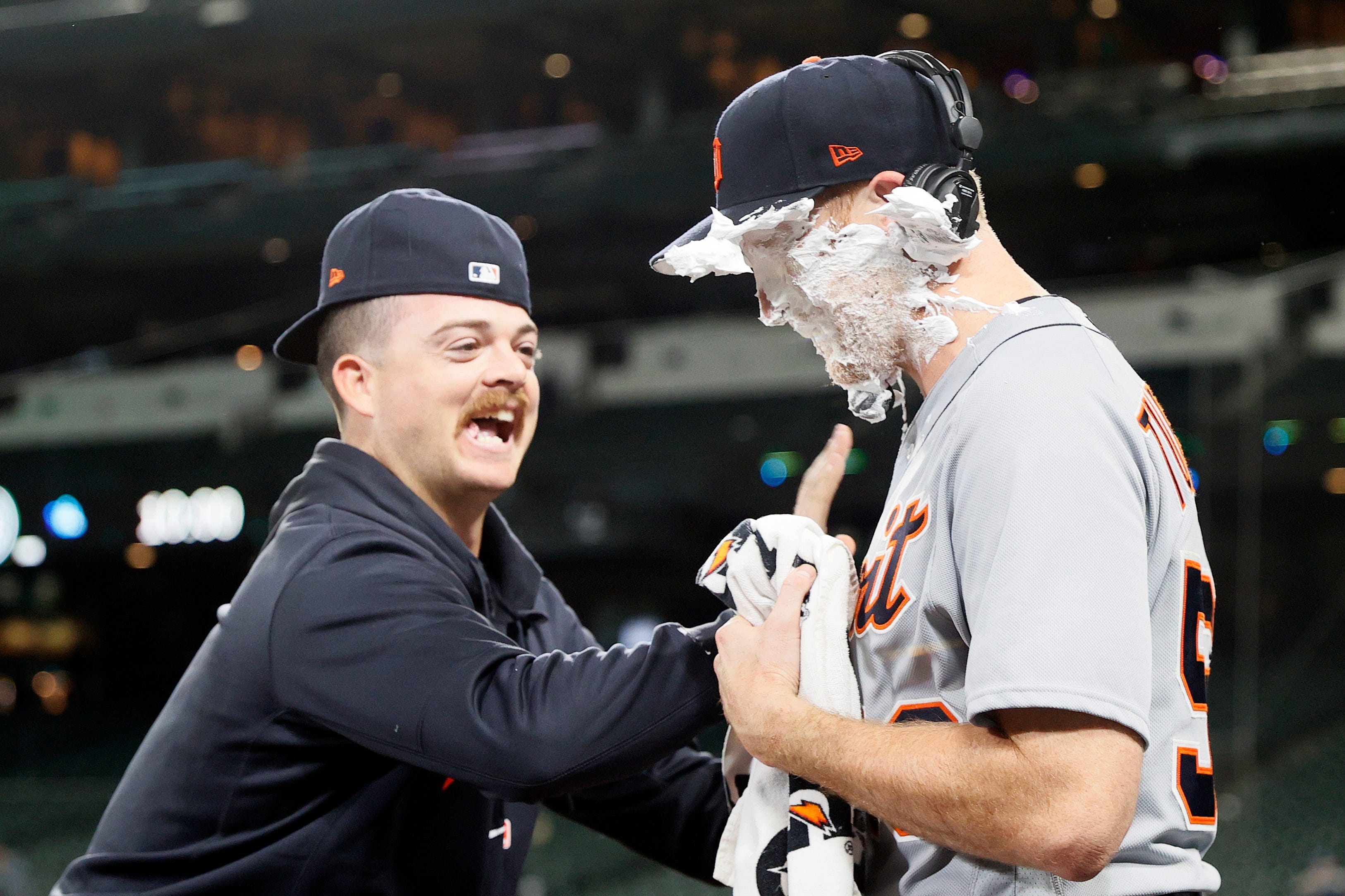 Catcher Jake Rogers of the Detroit Tigers congratulates Spencer Turnbull on his no-hitter against the Seattle Mariners at T-Mobile Park on May 18, 2021 in Seattle.