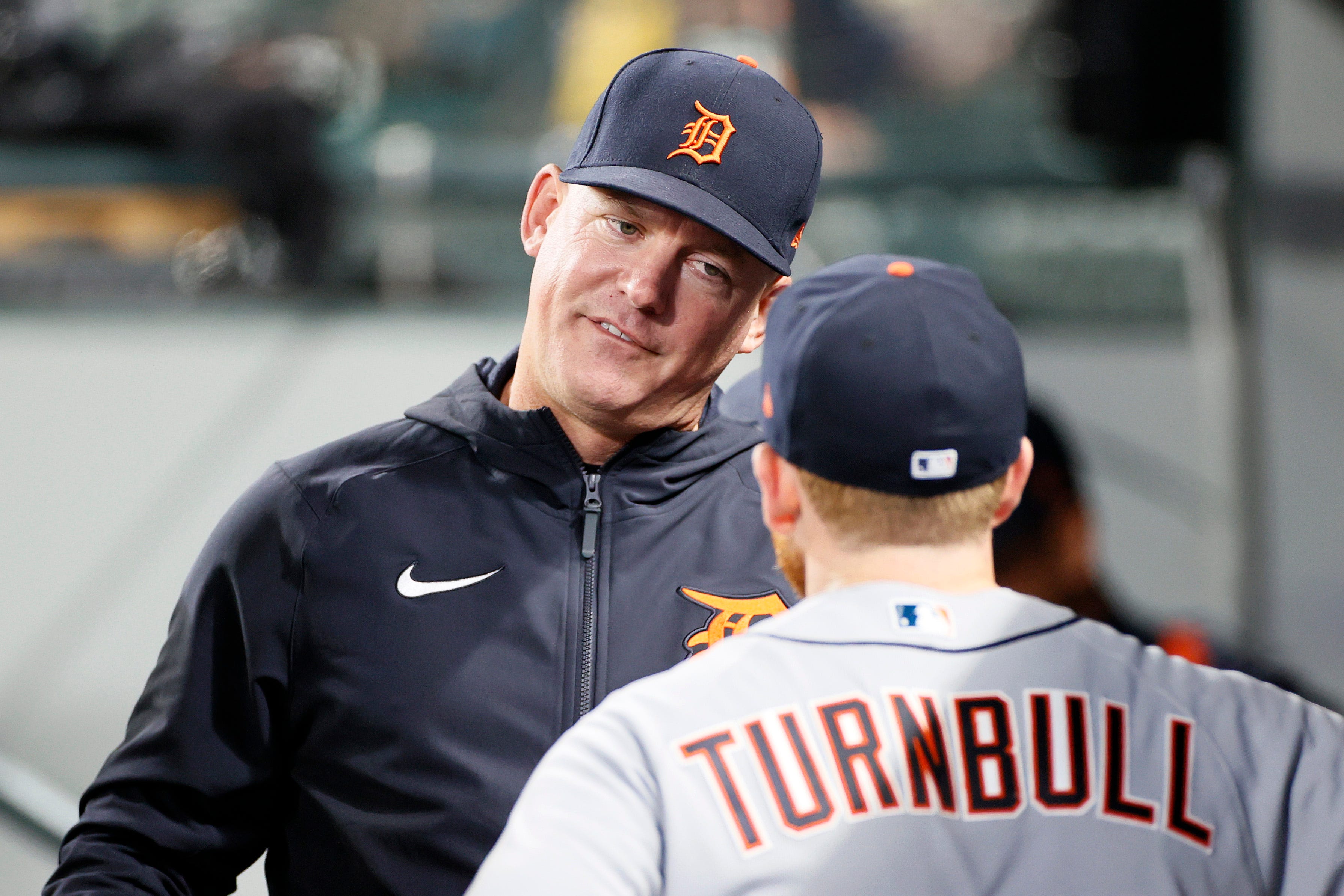 Manager AJ Hinch of the Detroit Tigers talks with Spencer Turnbullafter the fourth inning.